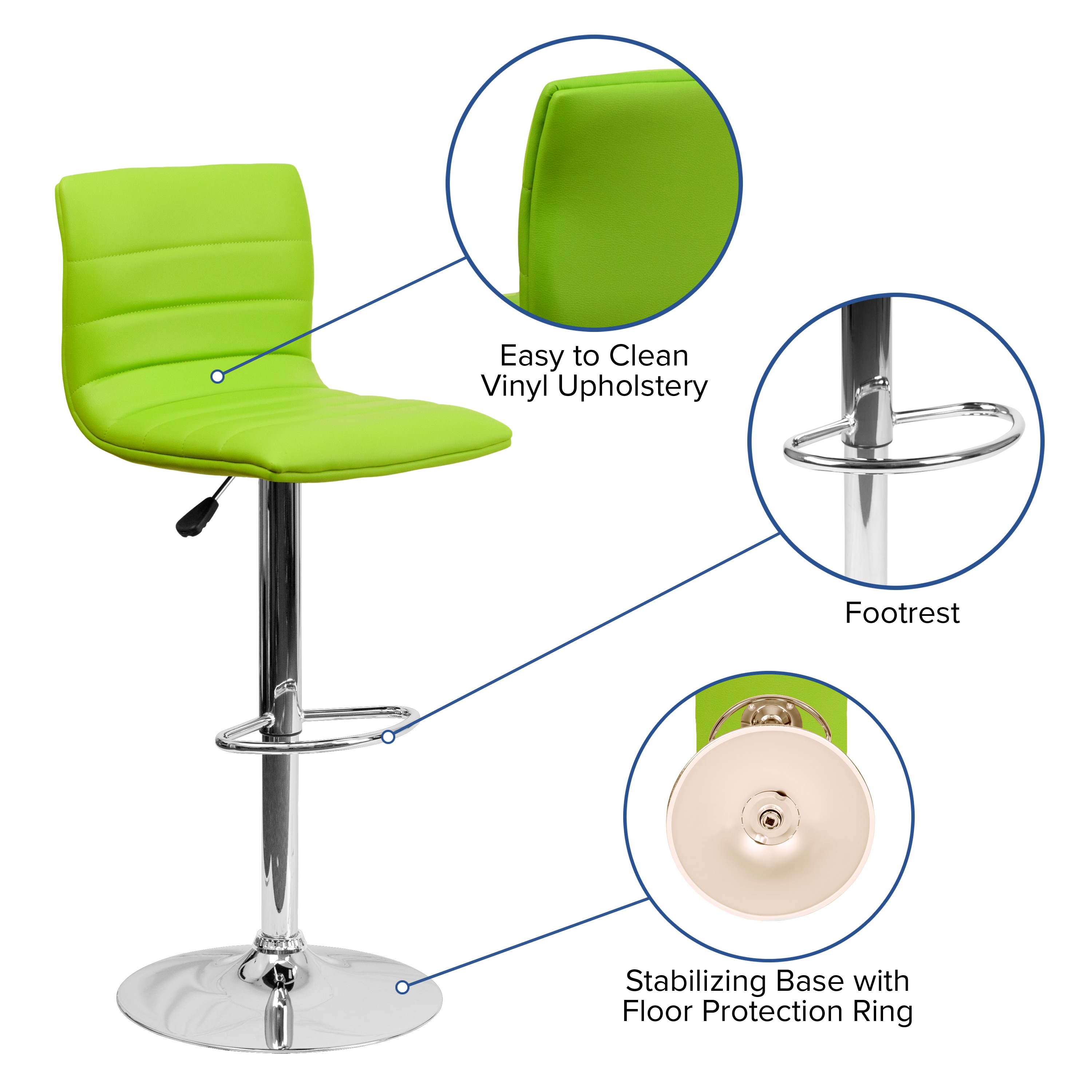 Modern Green Vinyl Adjustable Swivel Bar Stool with Chrome Base