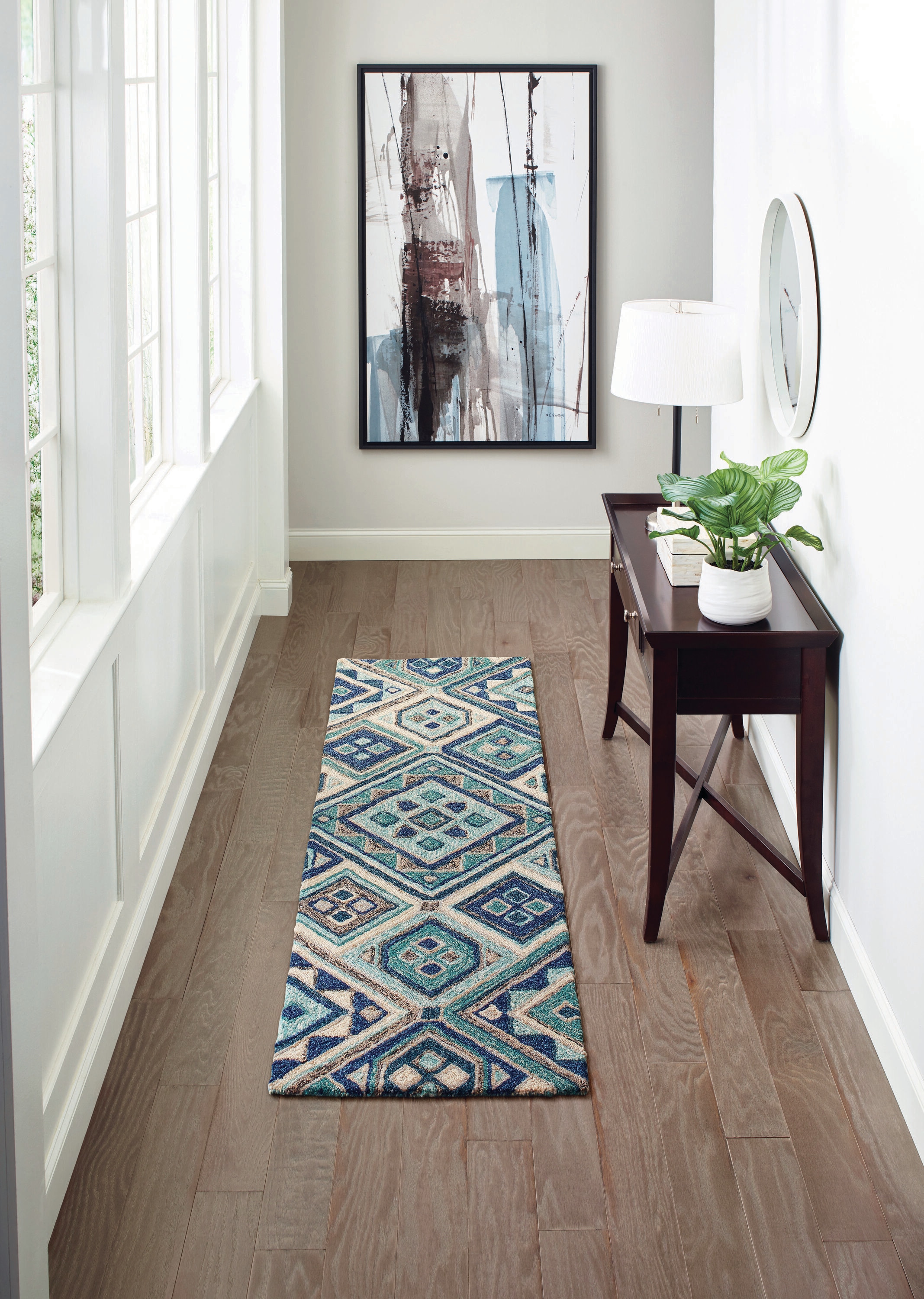 Teal Tiles 2 x 7 Teal Indoor/Outdoor Geometric Runner Rug in Blue | - allen + roth with STAINMASTER 26734