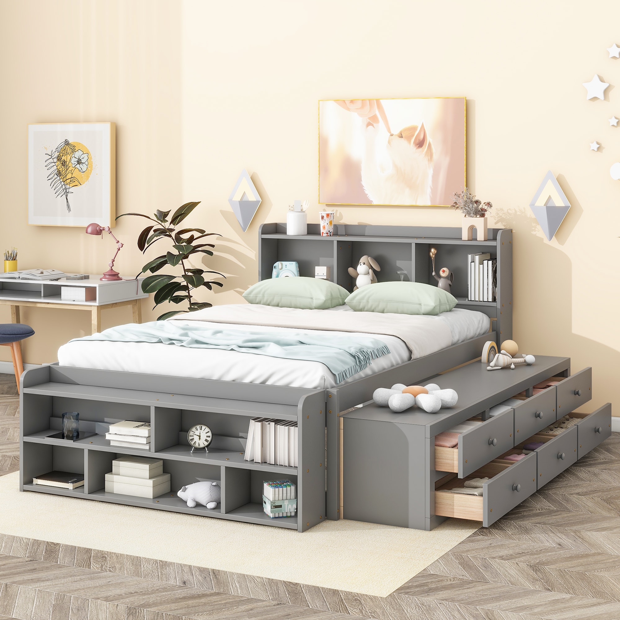 LOVMOR SF-Y-W504S00126 Full Bed with Bookcase Headboard  Under bed Storage Drawers and Bed End Storage Case Grey