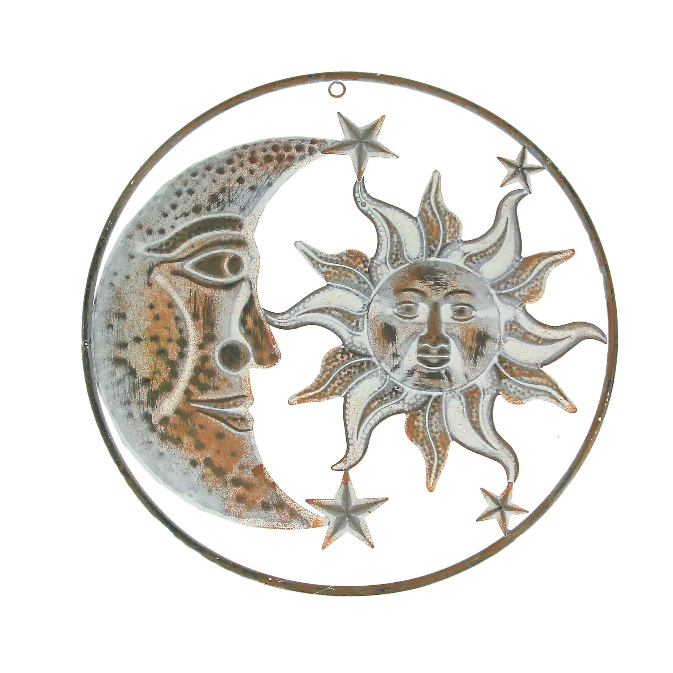 Zeckos ZKO-39292 Rustic White Metal Sun- Moon and Stars Wall Art - Celestial Hanging Decor for Indoor and Outdoor Spaces - 16.5 Inch Diameter - Radiant Cosmic Harmony and Elegance