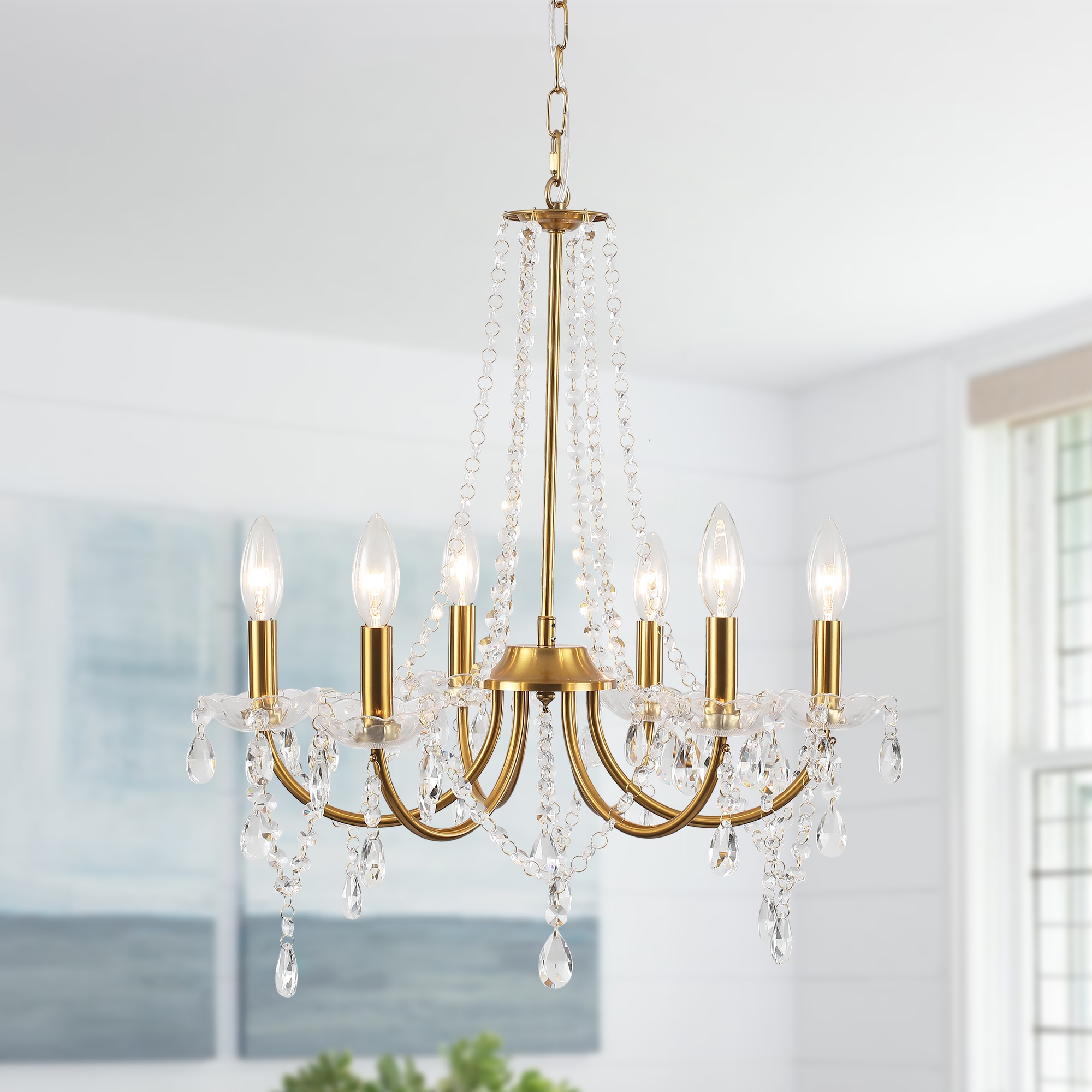 Zjvaive 6-Light 20.08in Gold Antique Crystal Chandelier Adjustable 23.62-82.68in Chain E12 Socket Max 60W Farmhouse Ceiling Light Fixture Bulbs Not Included for Living Room Dining Room Bedroom #LS1-2-D6017-6-G