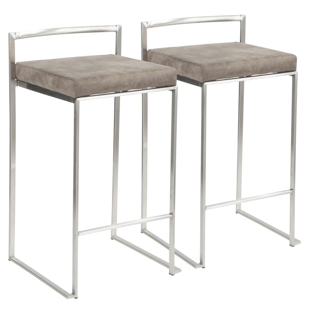 LumiSource B26-FUJI STN2 Fuji Set of 2 Stainless Steel, Stone Cowboy Fabric 31-in H Bar height Upholstered Stackable Metal Bar Stool