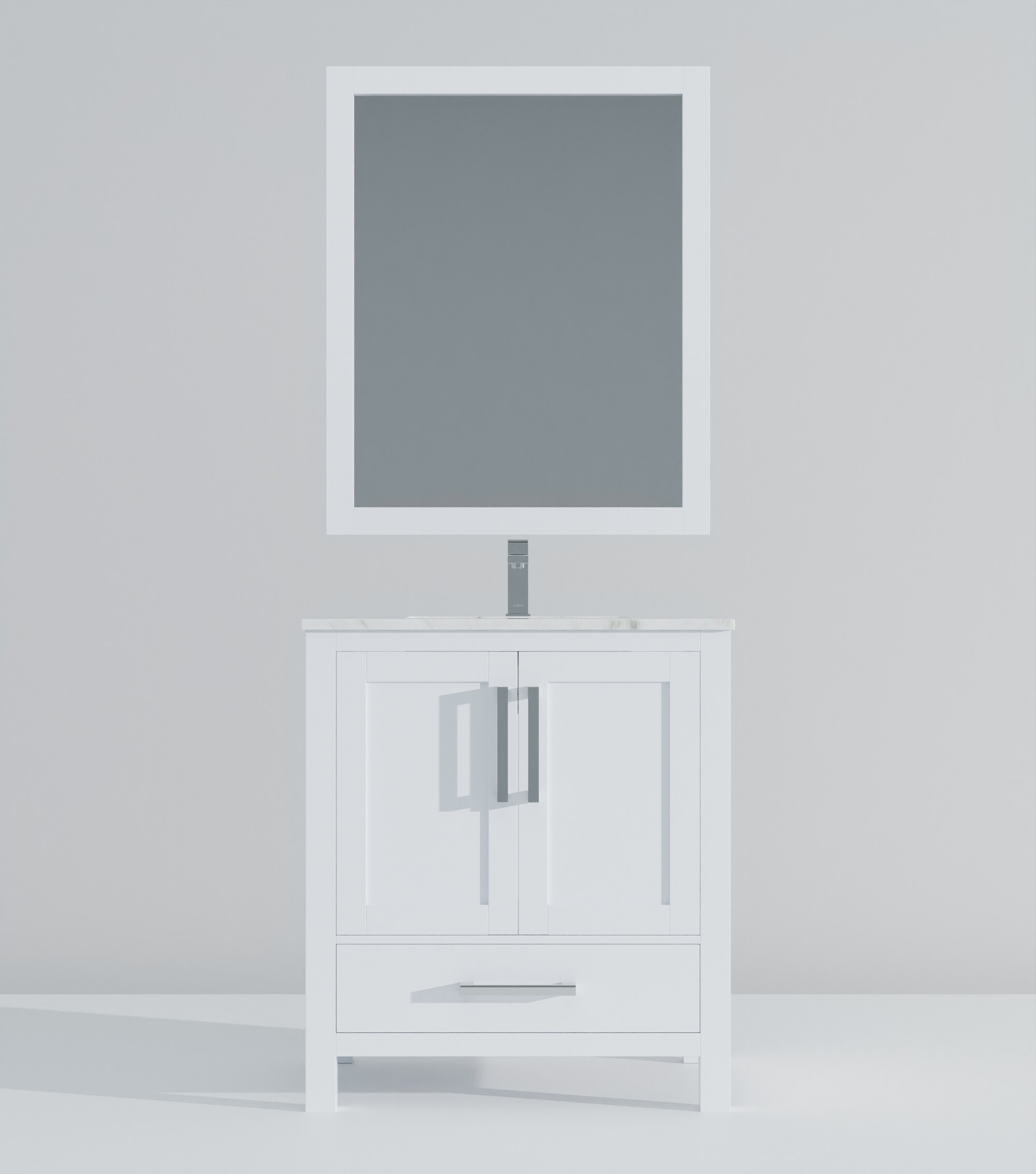 White 30" Vanity with Marble Top, Sink, Mirror, and Faucet