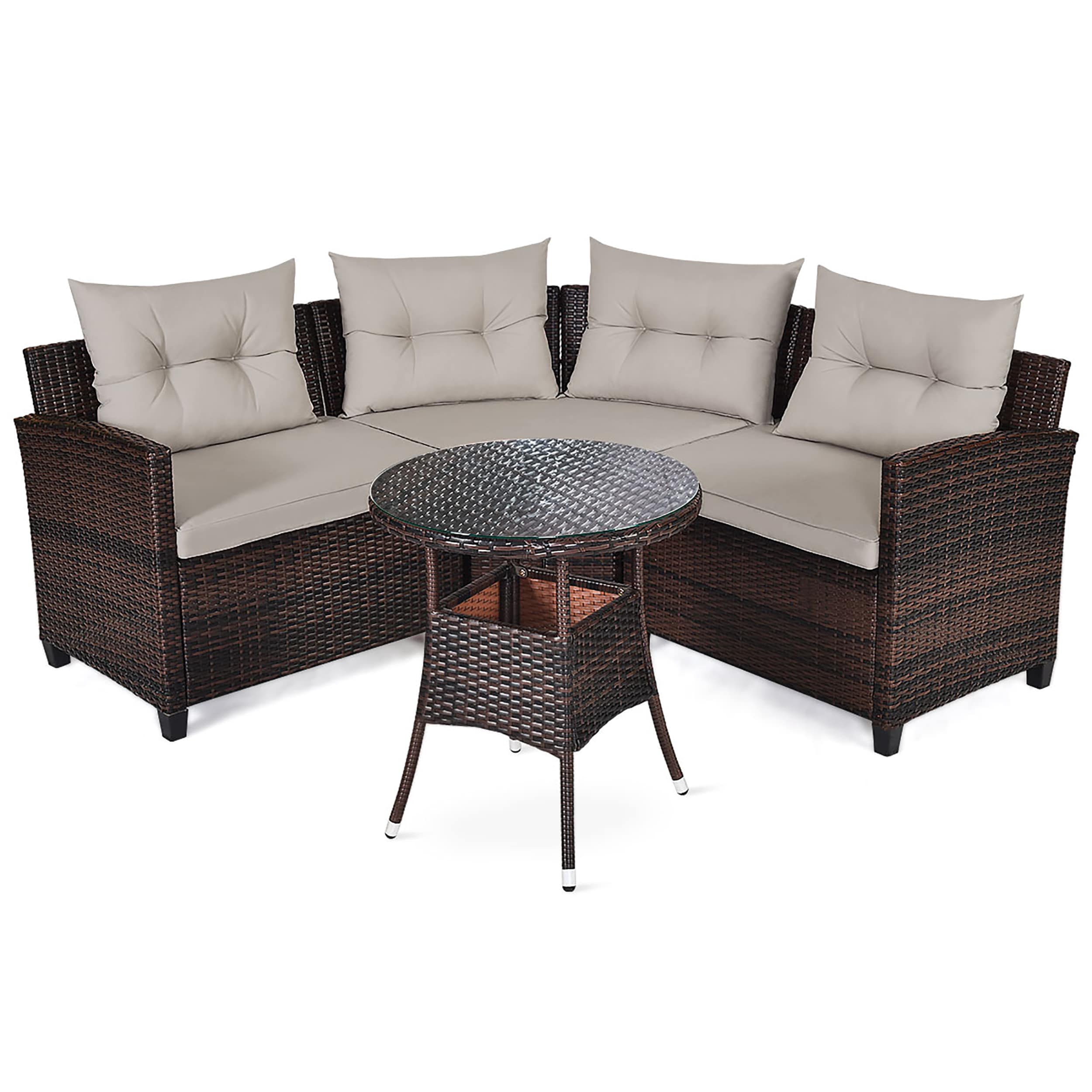 Costway HW63213+ 4 -Piece Rattan Patio Sofa Conversation Set with Off-white Cushions