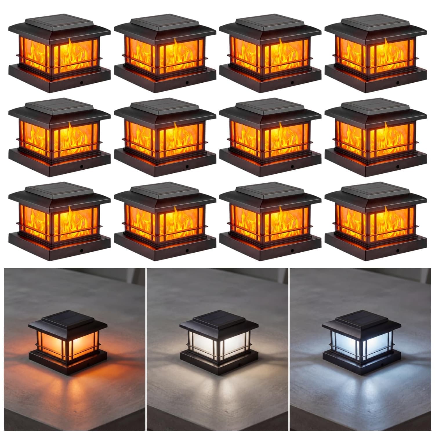 Angel Sar 3.5in to 5in 4-Mode Black Solar Post Cap Light with Flickering Flame Effect and 3 Color Temperature Outdoor Fence Deck Light 12-Pack