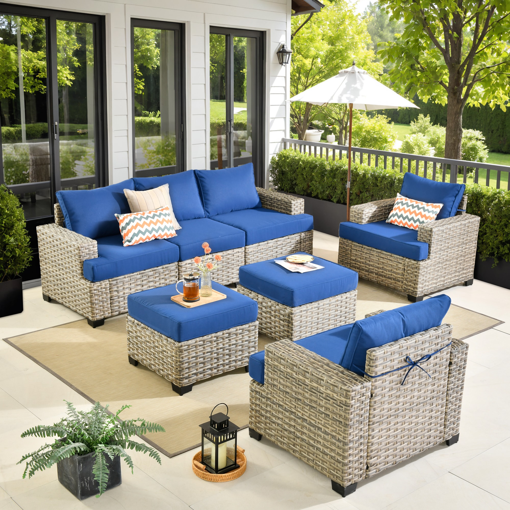 XIZZI XITBS7053 Agate 5-Piece Rattan Patio Sofa Conversation Set with Navy Cushions