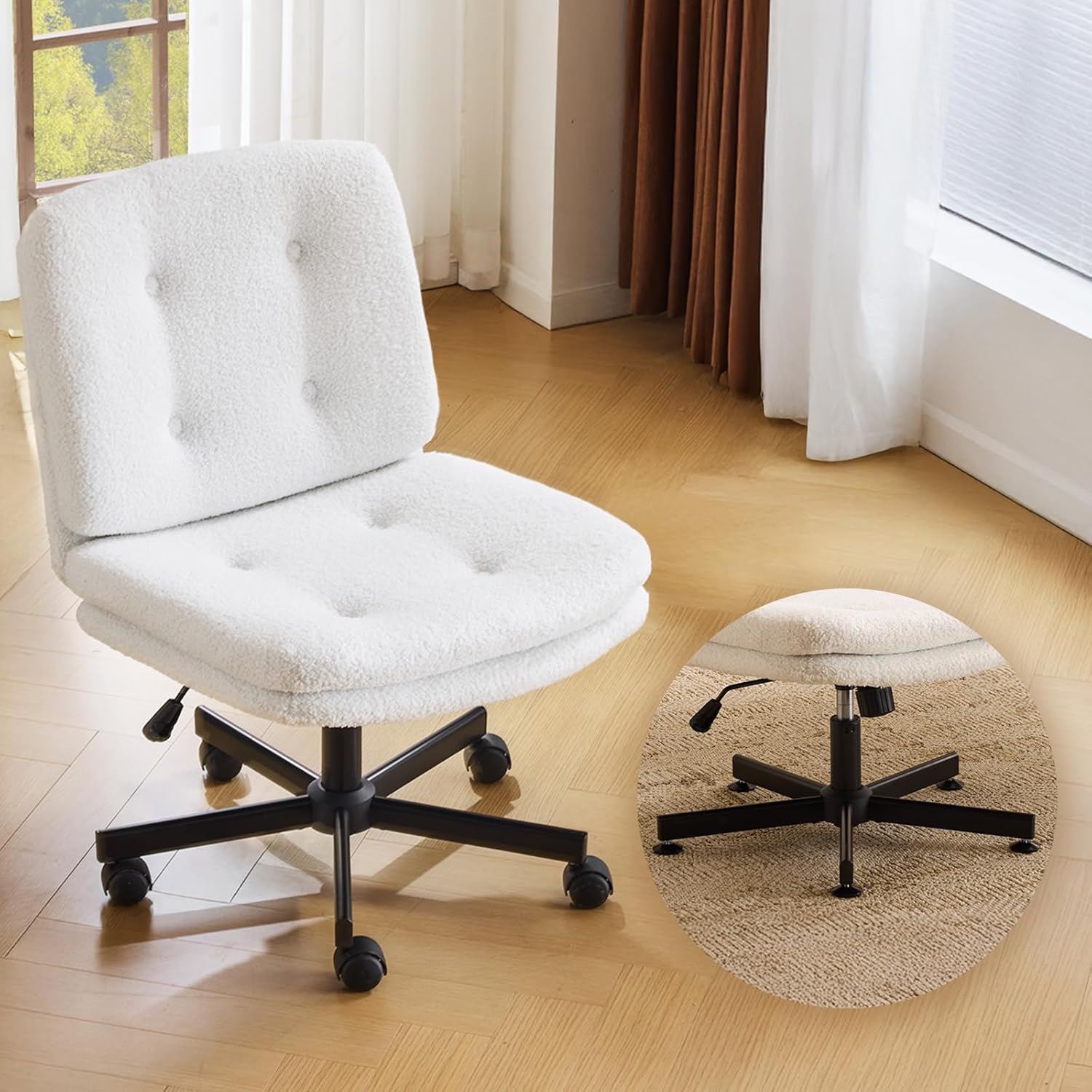 VINGLI G98000677 Swivel Armless Criss Cross Chair with Dual Use Wheels Adjustable Height Cross Legged Office Desk Chair Vanity Chair Rolling Computer Chair for Home Teddy Fleece Beige