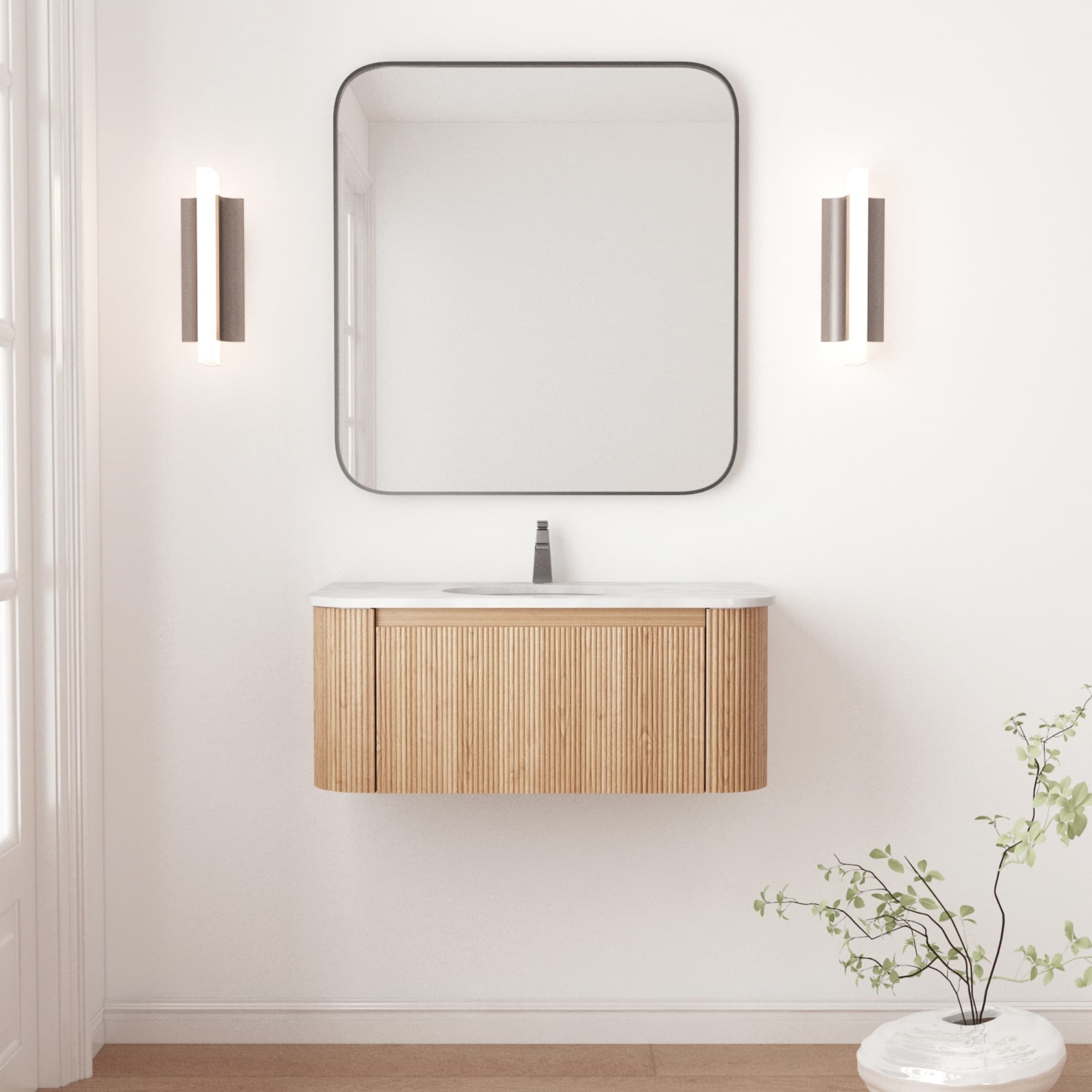 Lirago 36 inch Wall Mounted Bathroom Vanity with White Artificial Marble Countertop Ceramic Sink Curved Design with Stripe Pre-Assembled #FXL20607-607A96