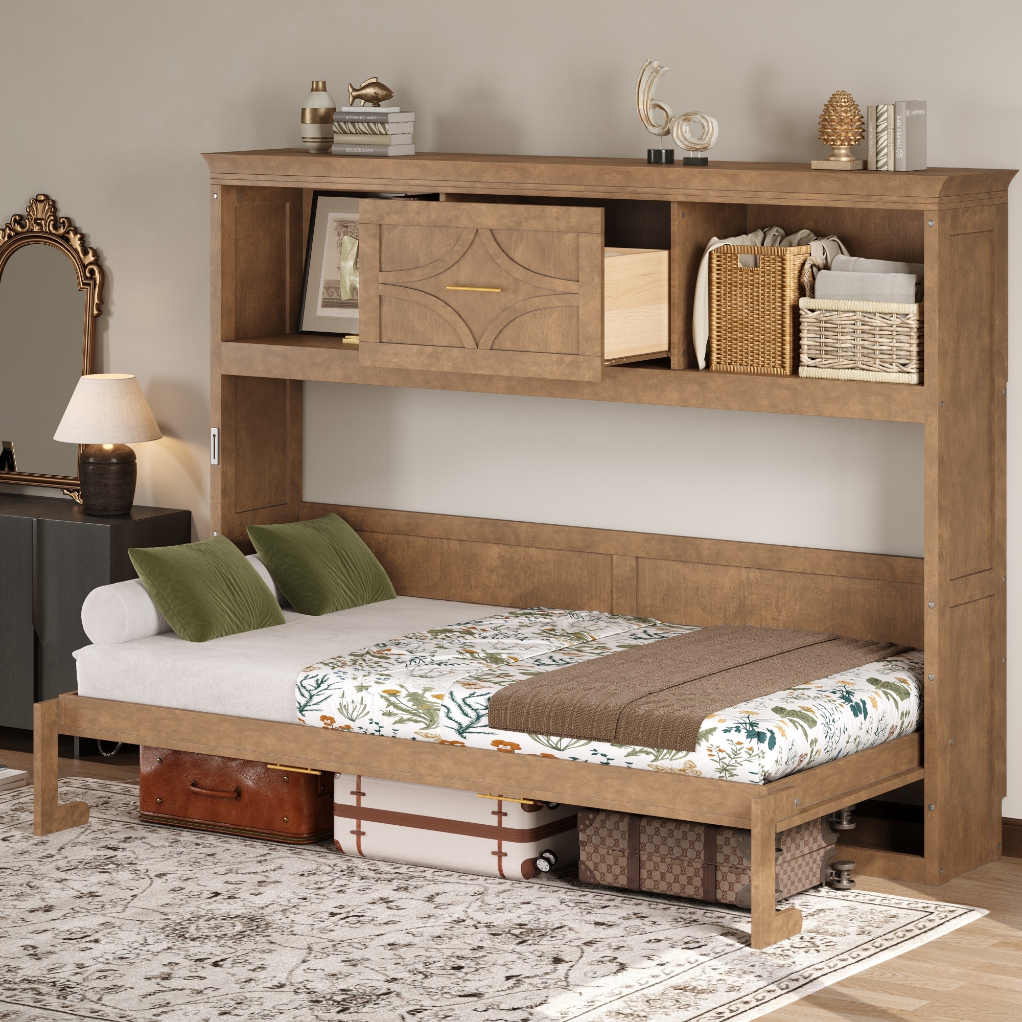 ModernLuxe L3P-N7090004019D Twin Size Murphy Bed with Charging Station and a Drawer Wood Color