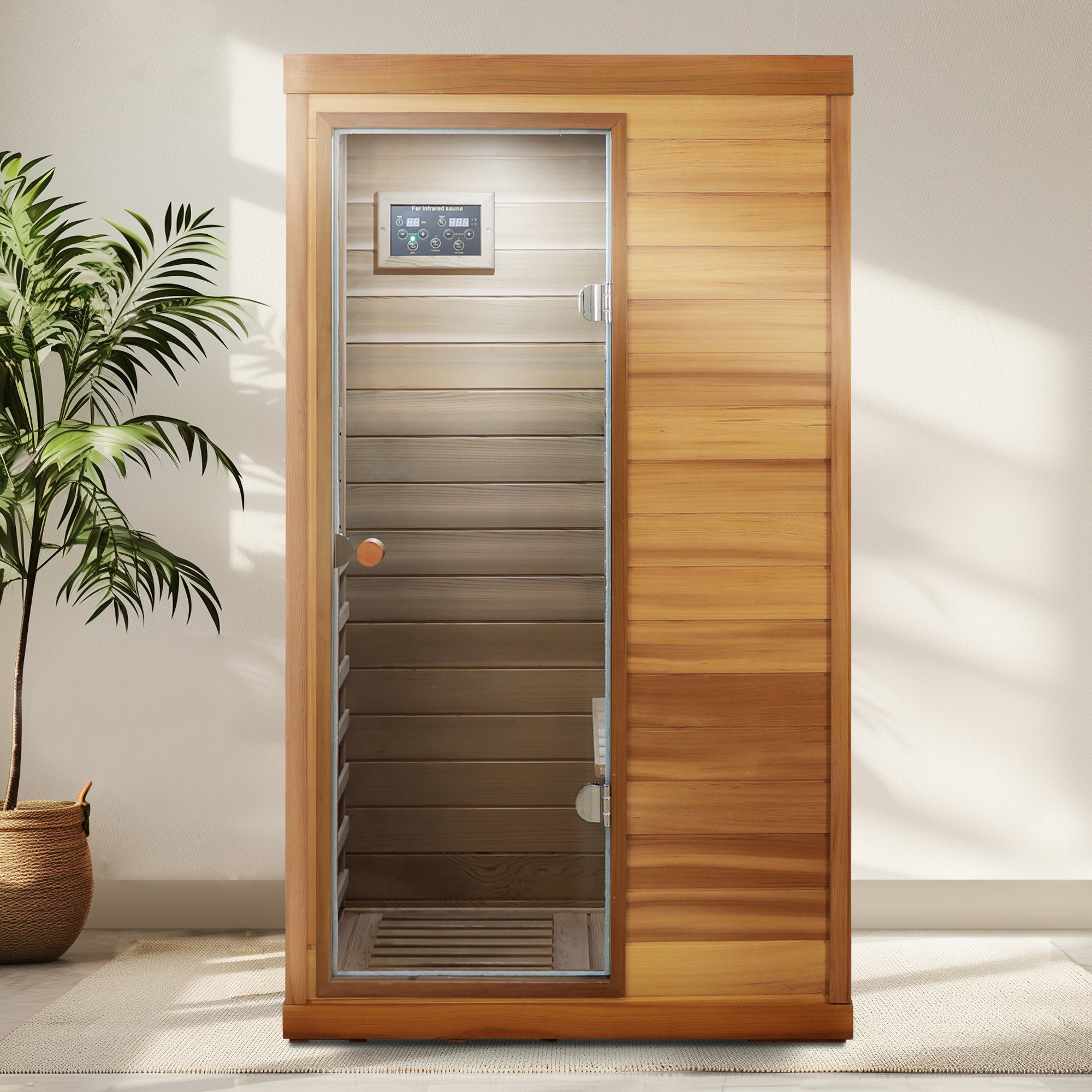Boyel Living BL-FAS0020 Red Cedar Mini One-Person Far Infrared Sauna with Left Glass Door and Bluetooth Audio and LED Reading Light