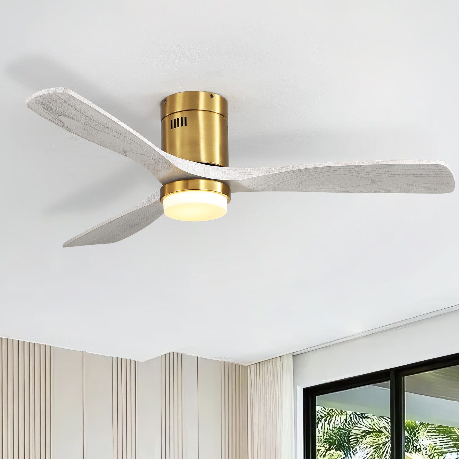Sofucor LS-52144-BG-DC-SX-W 52-in Color-Changing Outdoor Flush Mount Gold with Grey Blades Ceiling Fan With Light - Remote Included ( 3 -Blade )