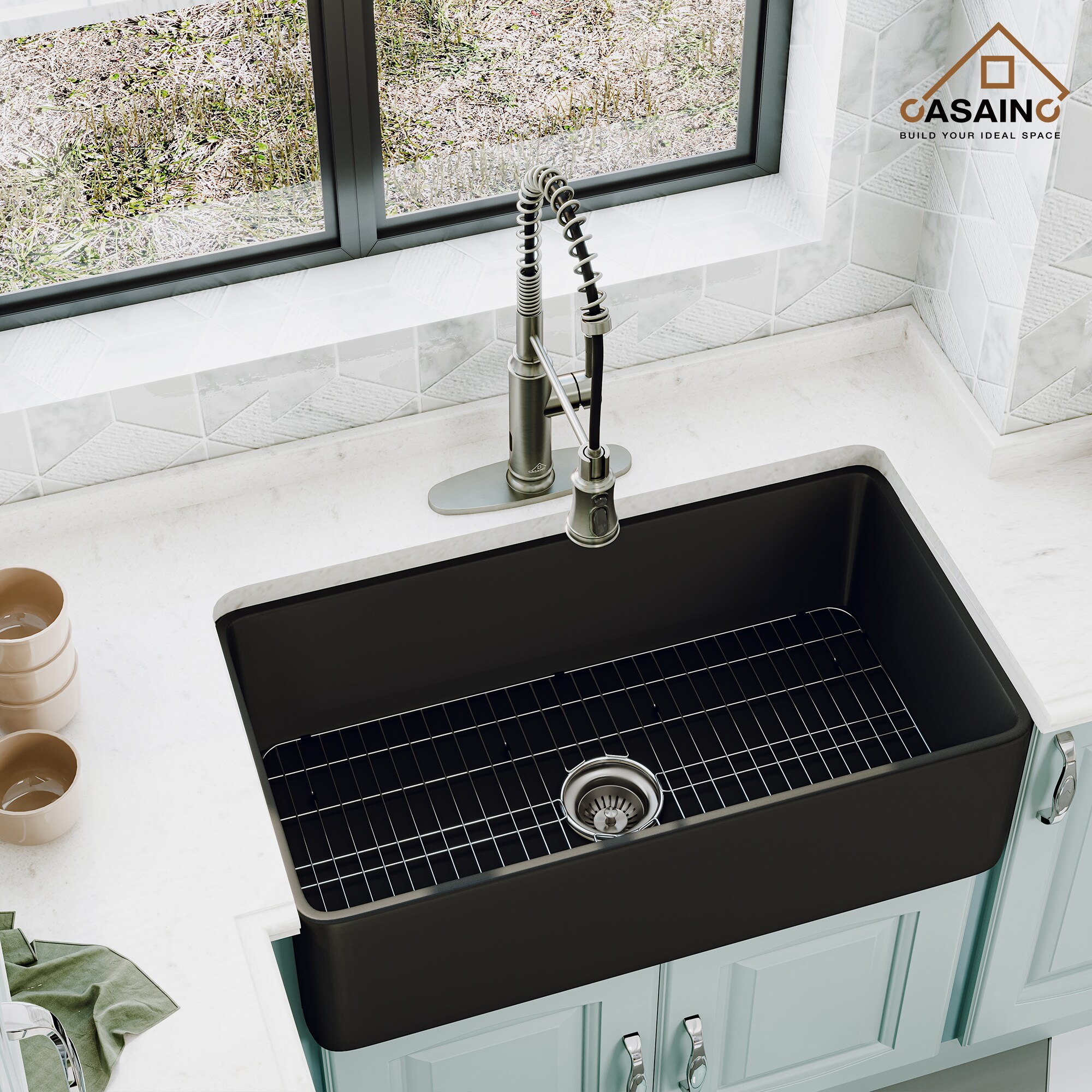 CASAINC Black Fireclay 33 in. Single Bowl Farmhouse Apron Kitchen Sink with Sprayer Kitchen Faucet and Accessories, 33 in. Matte Black Fireclay