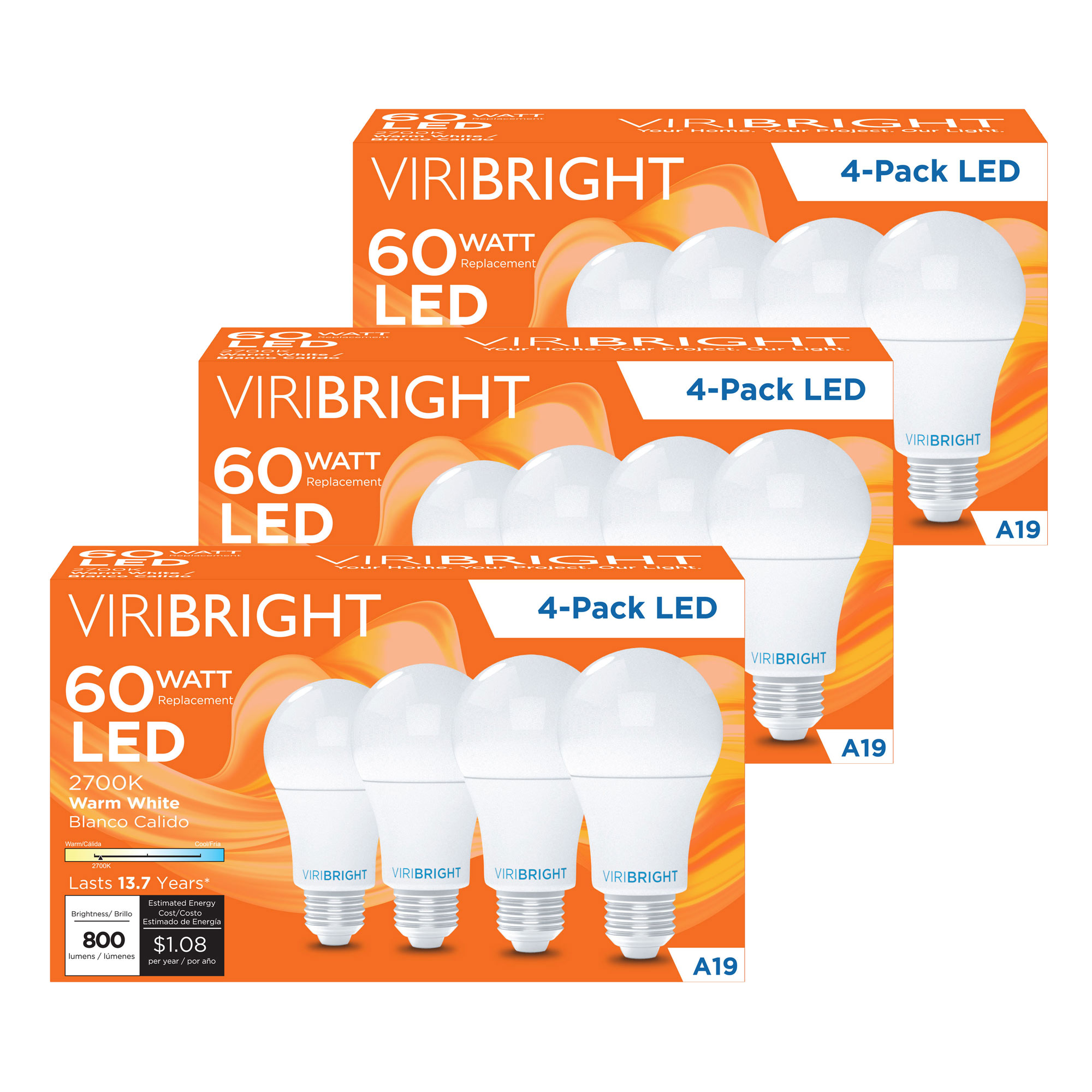 VIRIBRIGHT EA19/27K/640338-12 60 -Watt EQ A19 Soft white E26 LED General purpose Light Bulb 12 -Pack