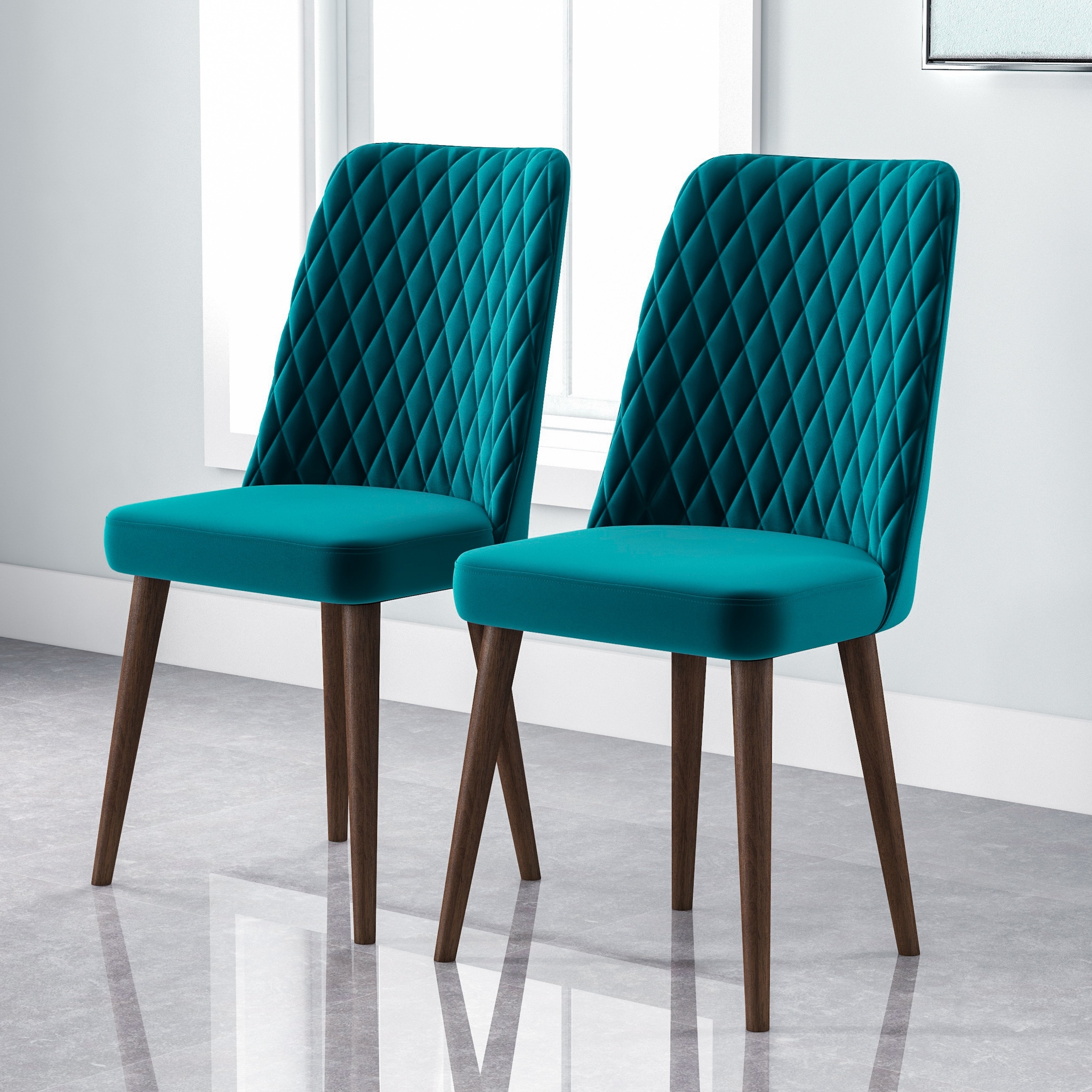 GDFStudio - Katie Mid Century Velvet Upholstered Dining Chair Solid Wood Legs Dining Chair - Teal...