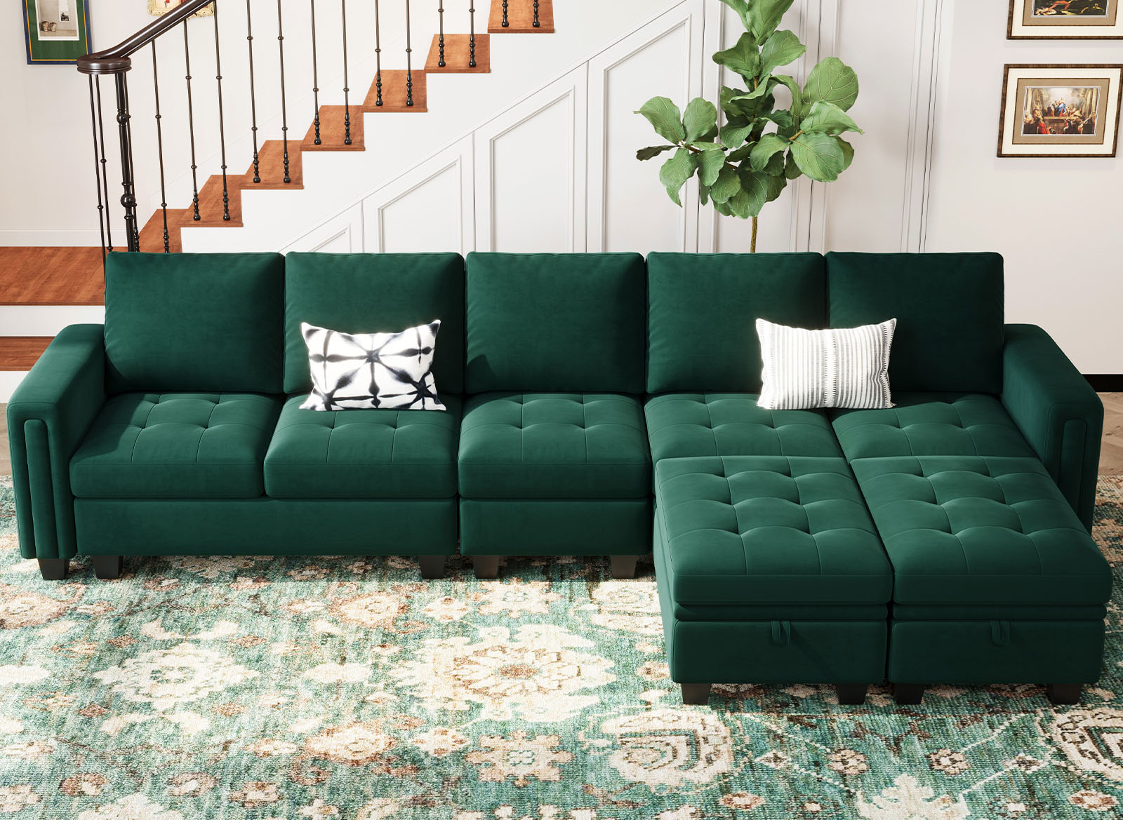 Belffin BF067-A2BC2E-GREEN 7 Seats Modular Velvet Tufted Sofa with Storage Ottoman