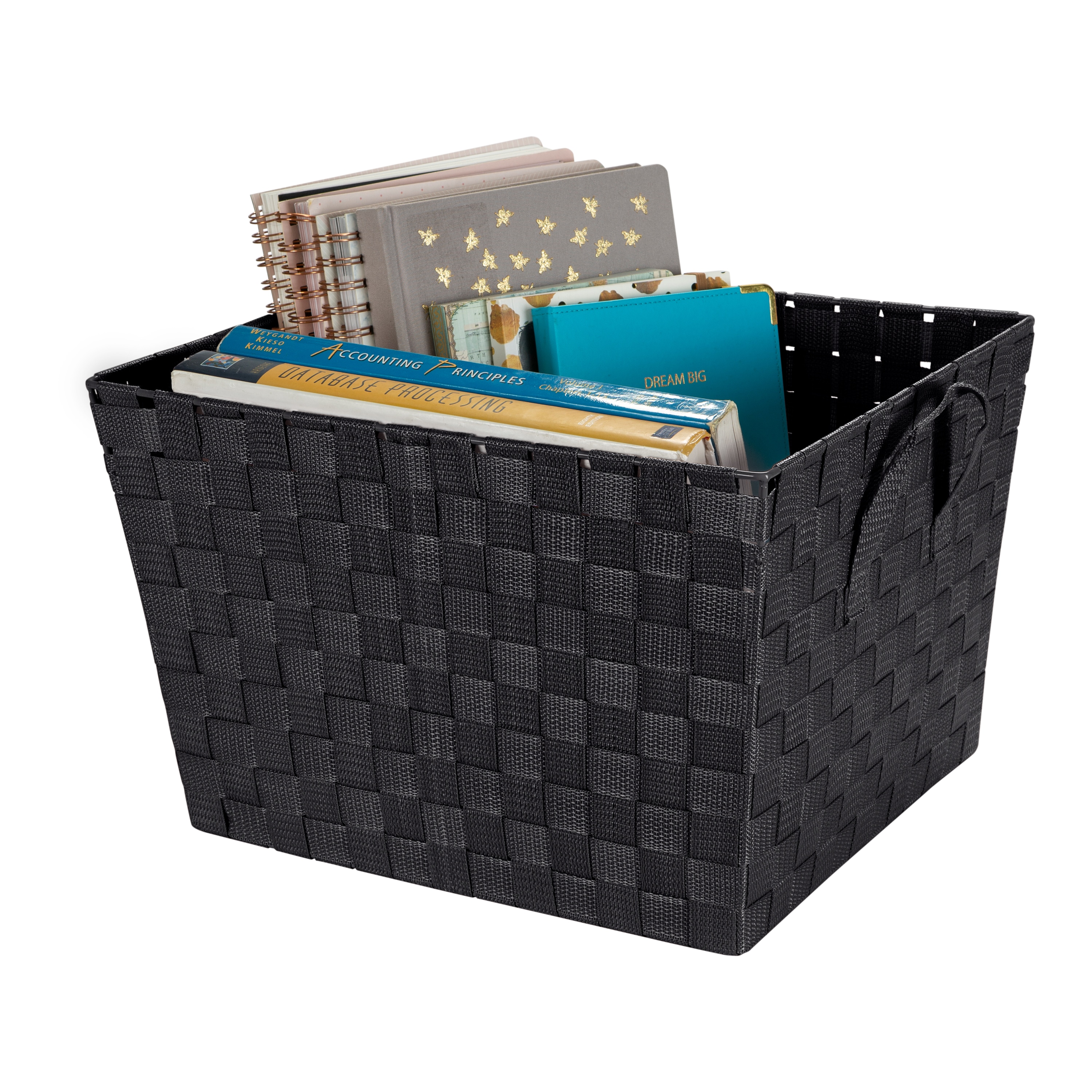 Large Black Woven Polypropylene Storage Tote with Strap Handles