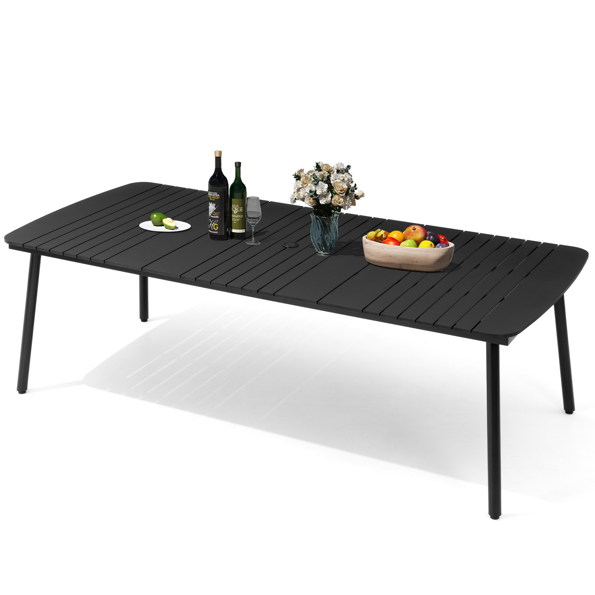 Crestlive Products CL-TB059BLK240 93-in Large Patio Plastic-Wood Top Aluminum Frame Rectangle Outdoor Dining Table 42.1-in W x 92.9-in L with Umbrella Hole