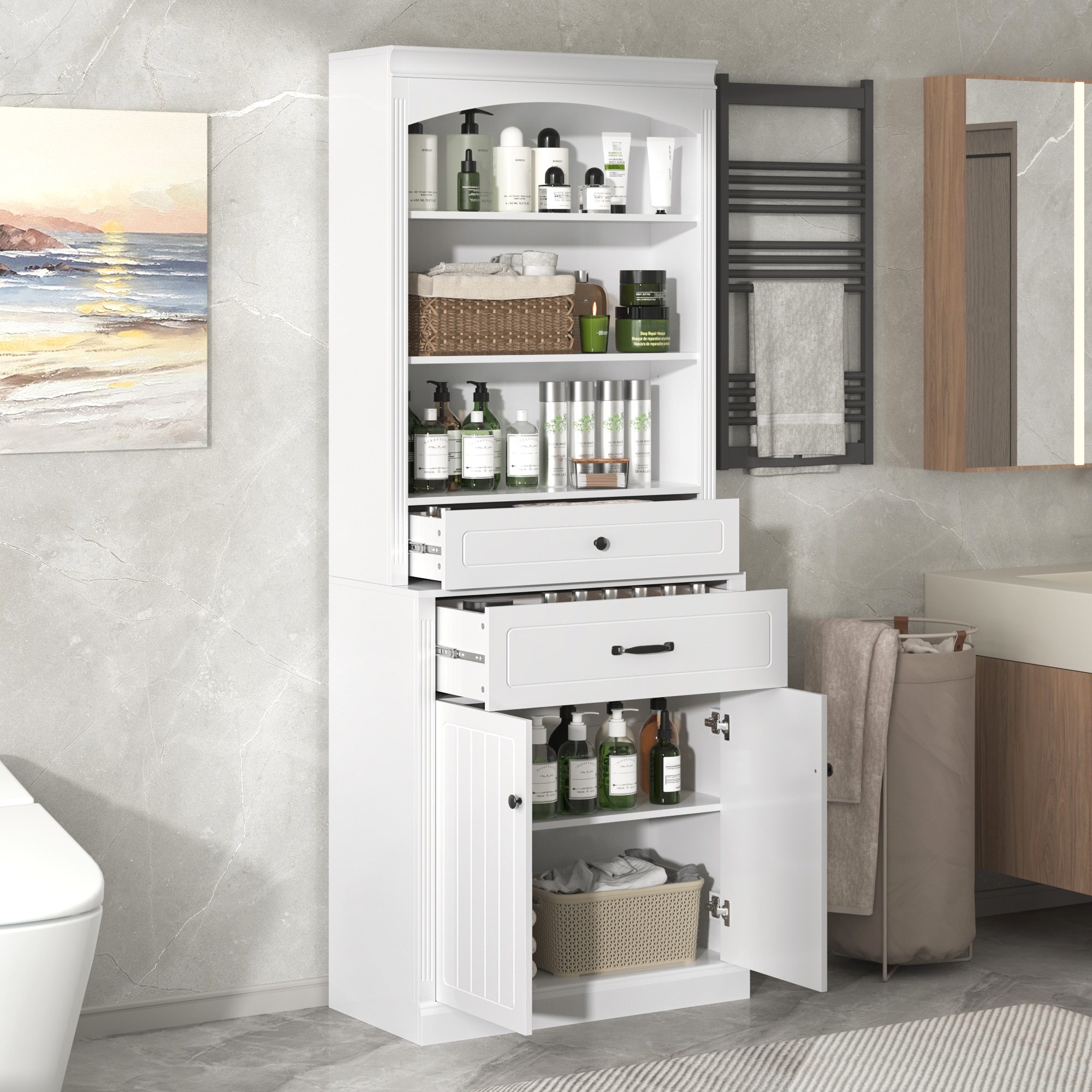 ModernLuxe L3P-N725P252486K White Bathroom Storage Cabinet with Two Doors Drawers Adjustable Shelf  Three Open Shelves ‚Äì Durable MDF Construction