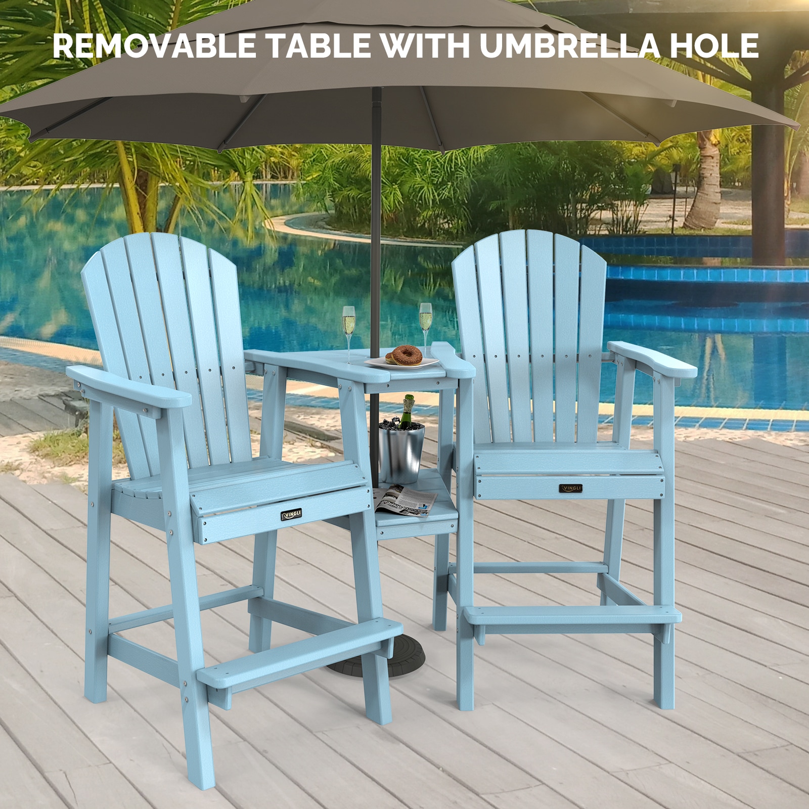 Winado LO1G56000712+713 Patio Chairs Set of 2 Blue HDPE Frame Stationary Adirondack Chair with Slat Seat
