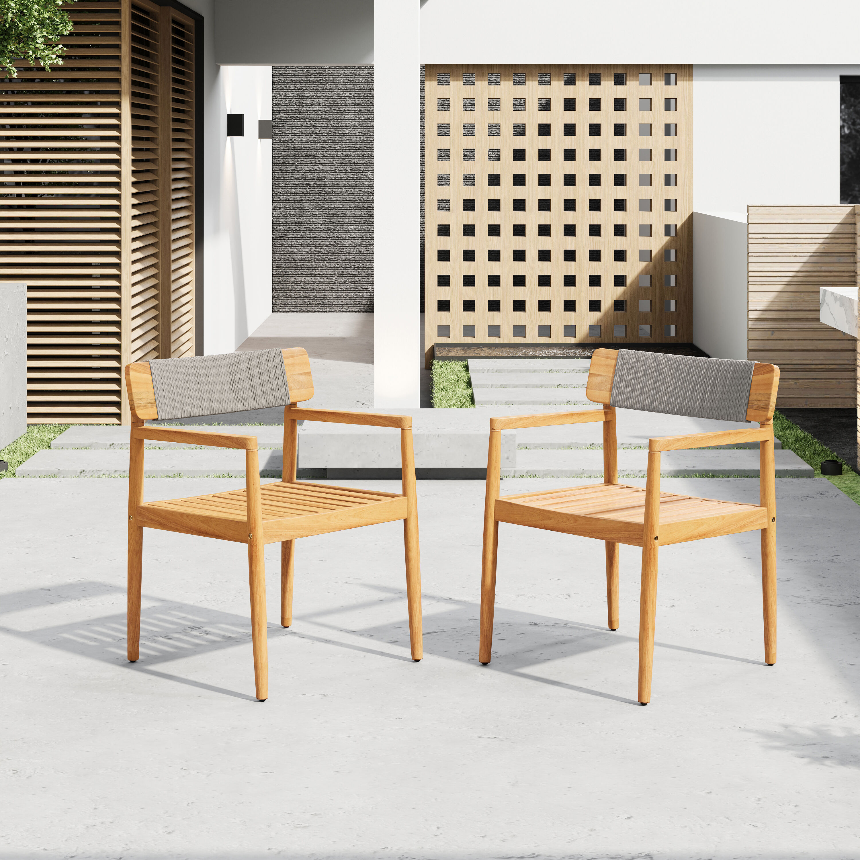 Christopher Knight Home 335238 Creative Braided Outdoor Acacia Wood Dining Chairs with Armrests Set of 2 Teak Look Gray Rope