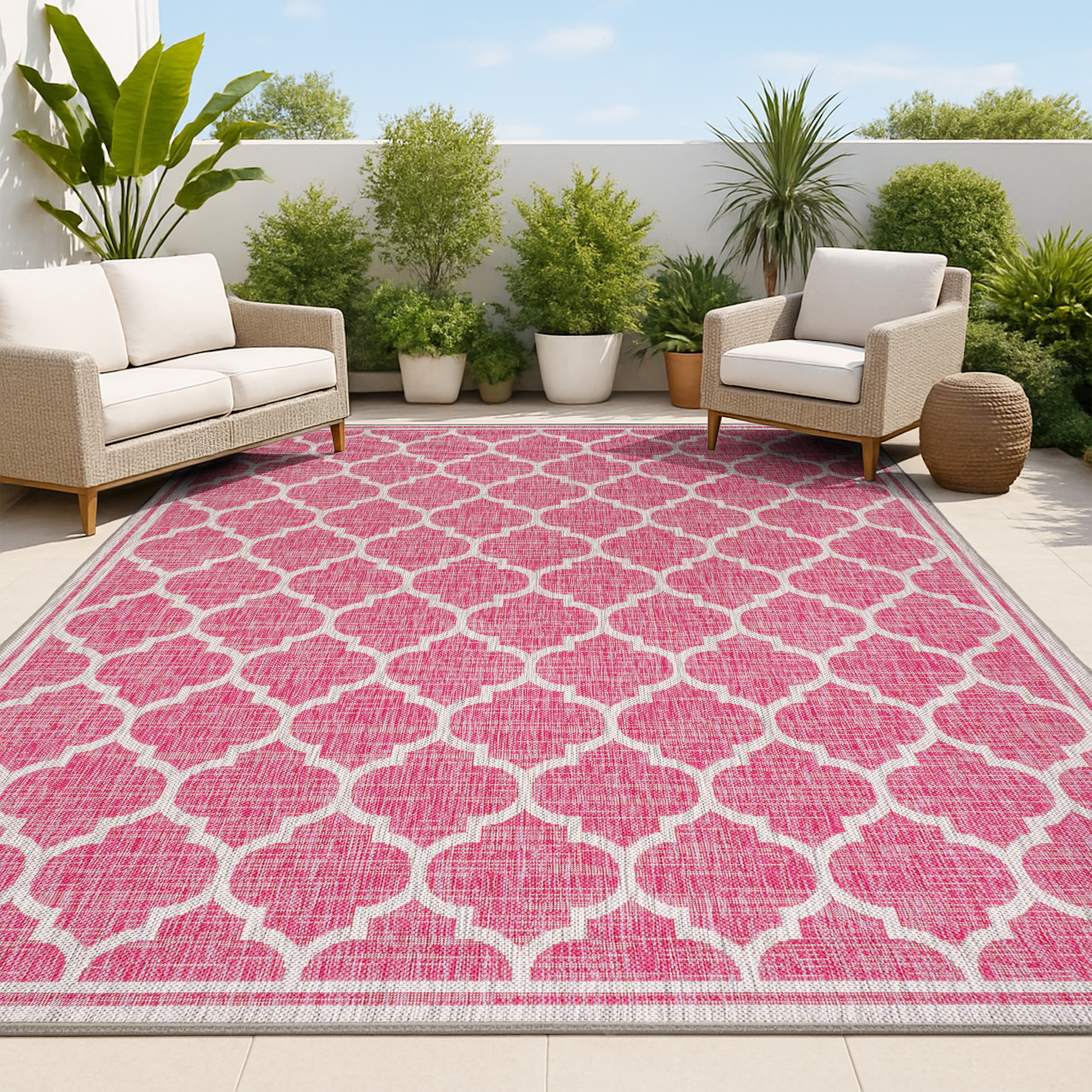JONATHAN  Y SMB109H-4 Santa Monica Trebol Filigree Textured Weave 4 x 6 (ft) Loomed Polypropylene Fuchsia/Light Gray Rectangular Indoor/Outdoor Border Coastal Area rug