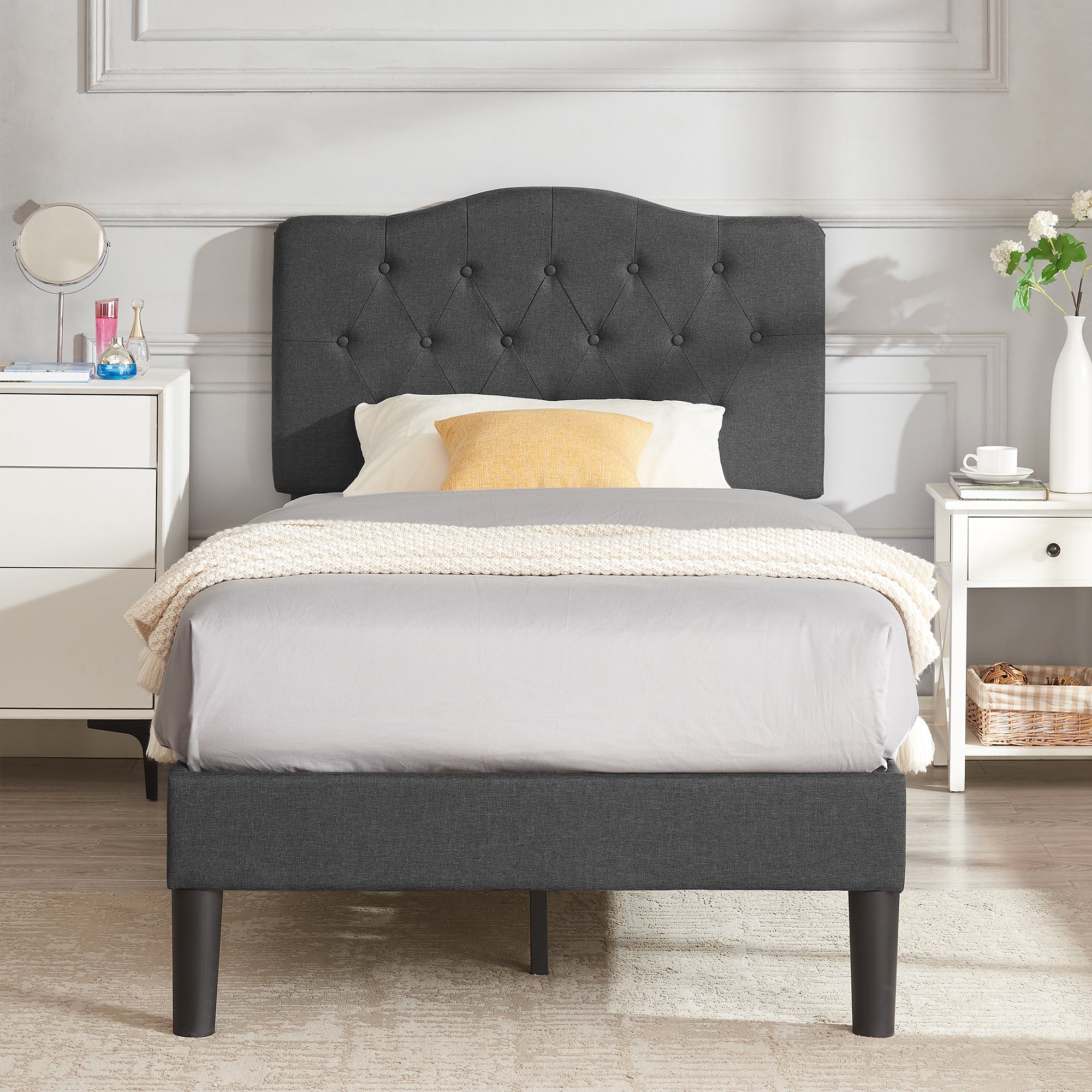 Vecelo LOE-BTJ-RT04 Twin Size Bed Frame Upholstered Platform with Adjustable Headboard Easy Assembly