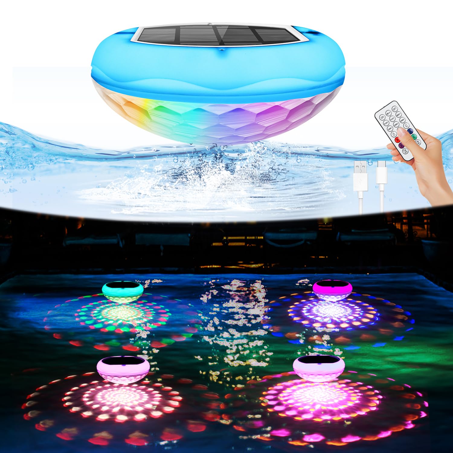 Oyezvary  2-in-1 Solar Powered USB renewable power Floating Pool Lights 6.69 Inch IP68 Waterproof power cell 6 Dynamic Modes with Remote Upper