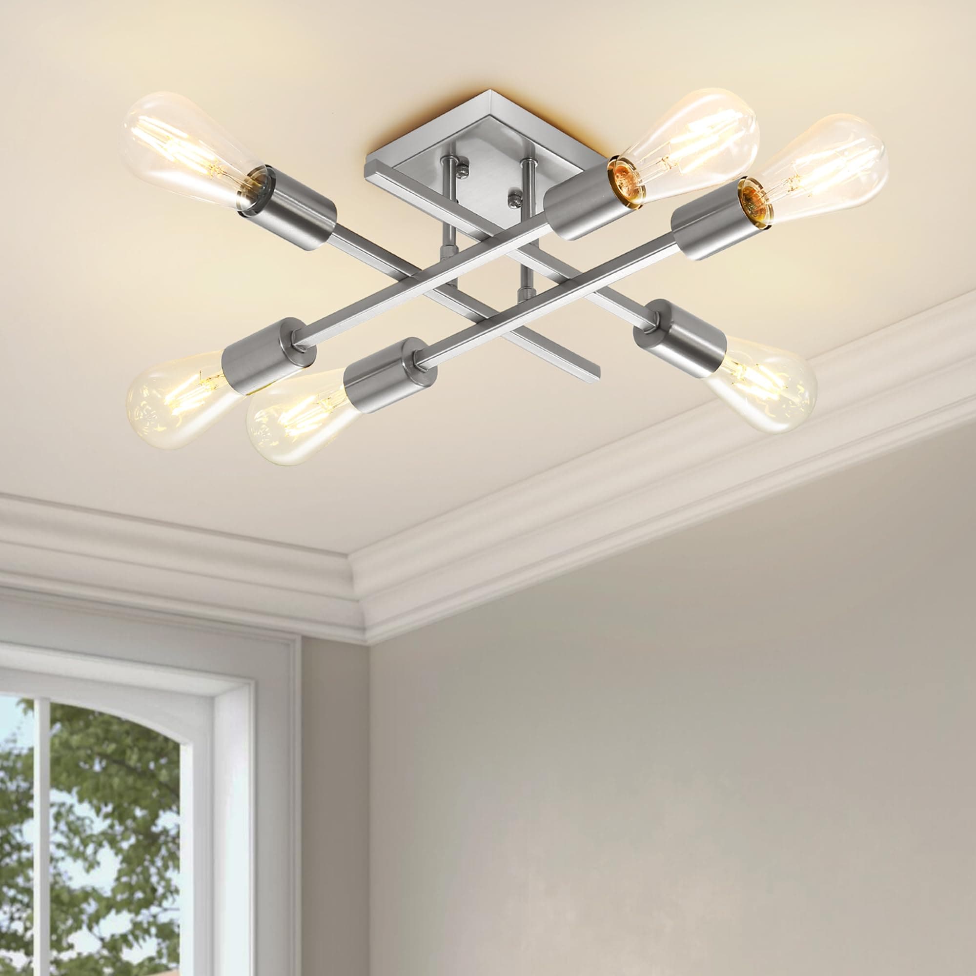 AOIZGMY  6 Light Semi Flush Mount Ceiling Light Fixture Modern Brushed Nickel Sputnik Chandelier Lighting for Kitchen Bedroom Living Room Entryway