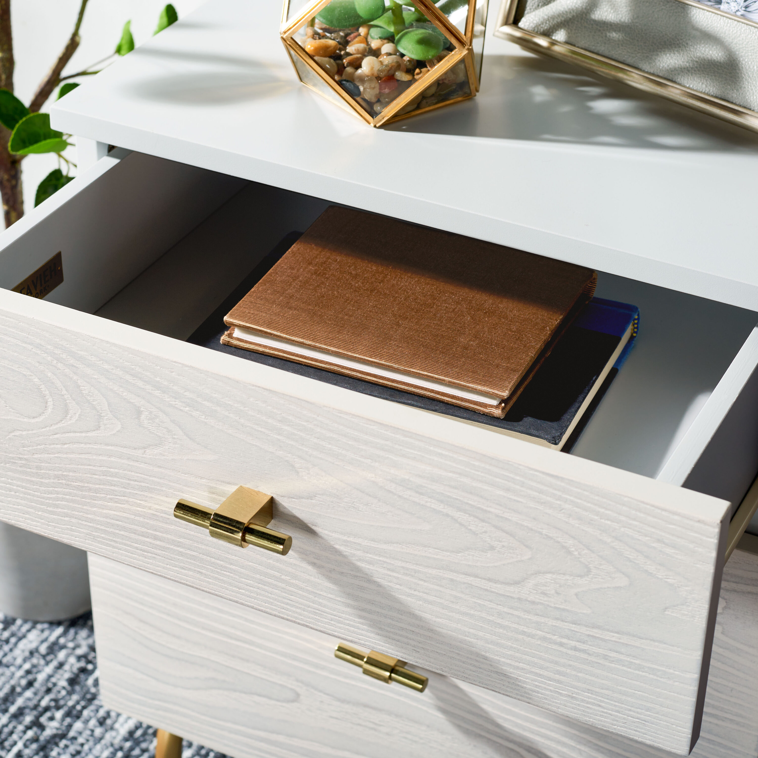 Genevieve Grey Mahogany 2-Drawer Nightstand with Gold Trim