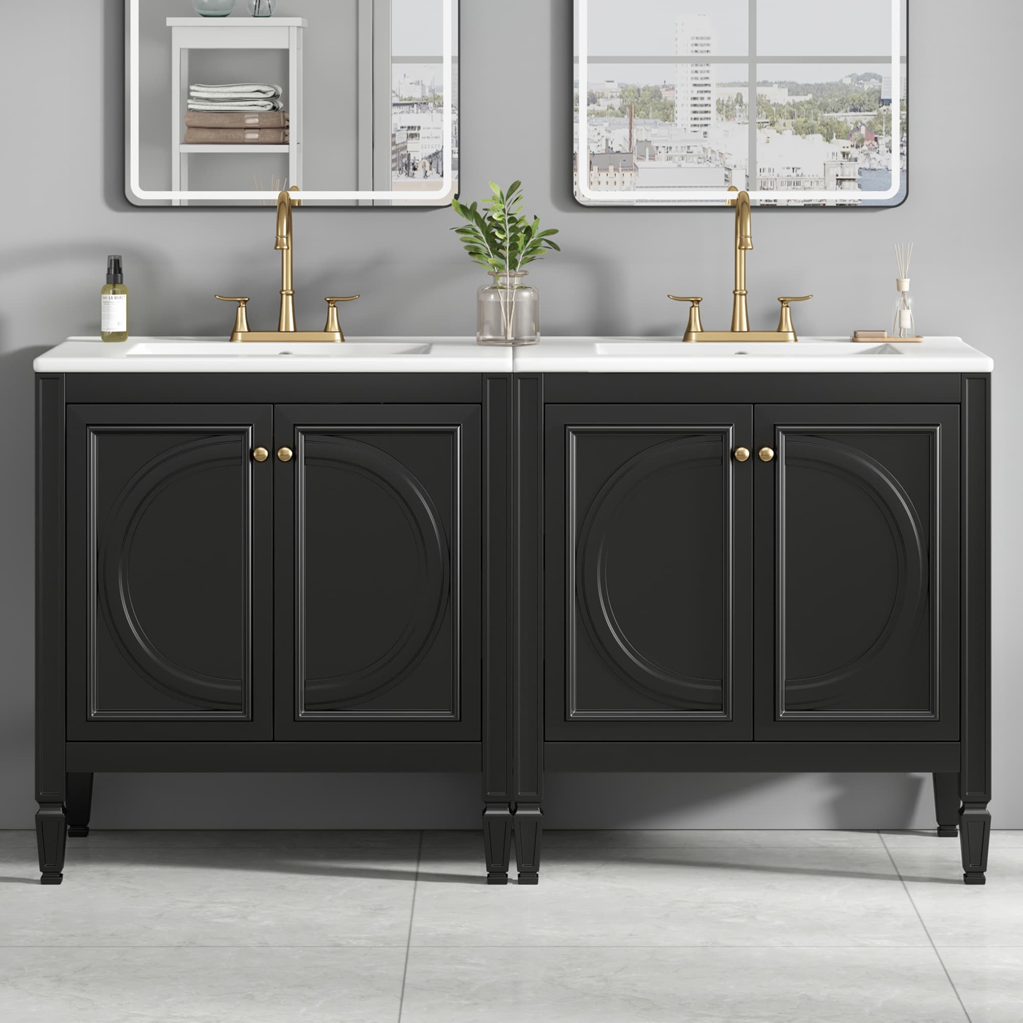LOVMOR  Freestanding Black 60-in Double Sink Bathroom Vanity with White Ceramic Sink Top Needs Assembly Soft Close Adjustable Shelf