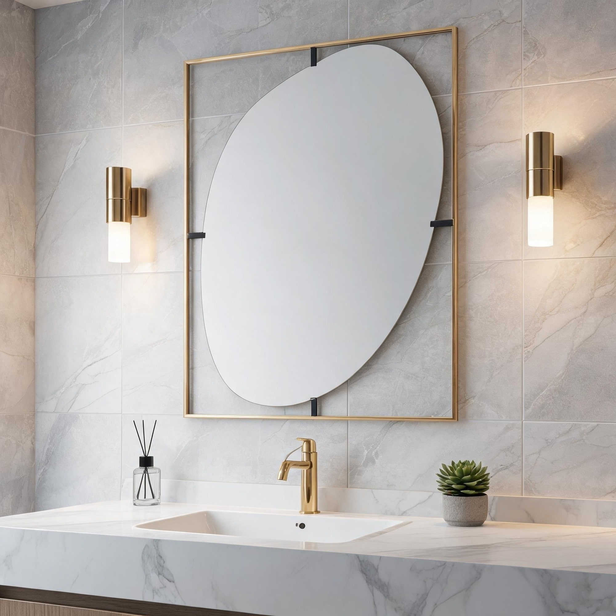 IAK 30 inch x 40 inch Gold Metal Frame Poppy Mirror with Unique Oval-Like Shape for Contemporary Bathroom and Entryway Wall Decor