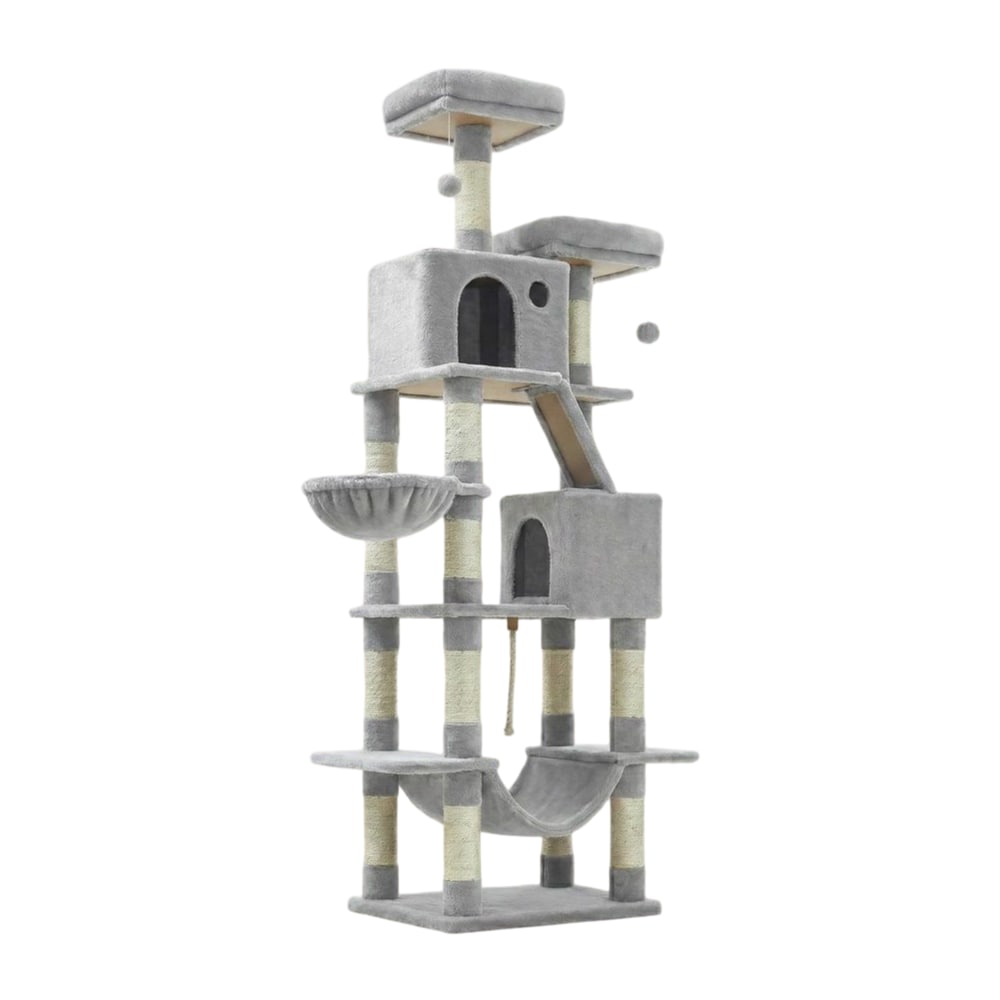 Slickblue - Tall Multi Level Camel Brown/Beige Cat Tree Tower with Hammock Condo and Scratching P...