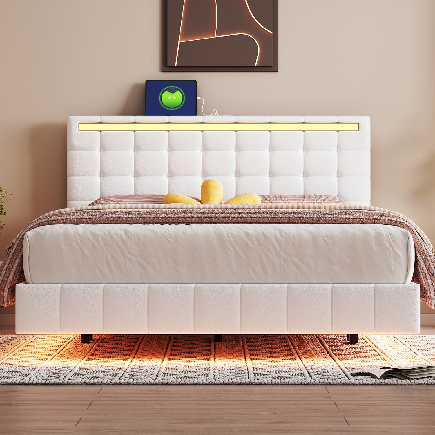 Queen Size Floating Bed Frame with LED Lights and USB Charging Beds at ...