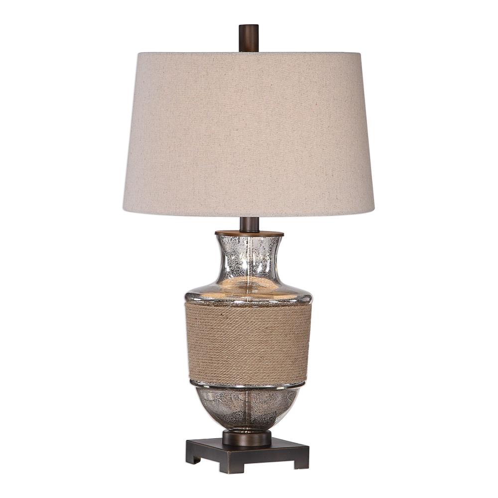 Global Direct W26032-1 28-in Mercury glass with natural woven rope and bronze accents Standard 3-way Table Lamp with Linen Shade