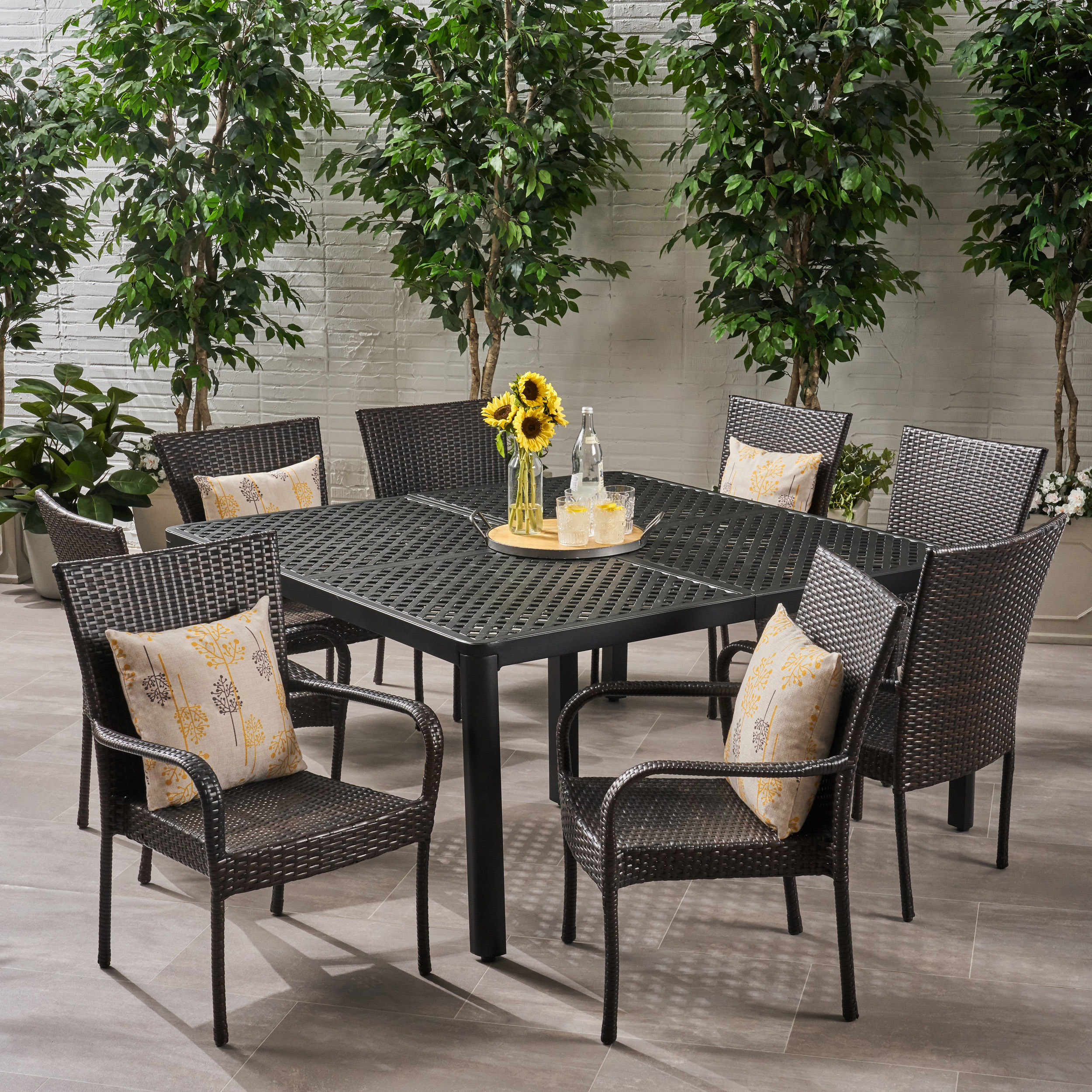 Christopher Knight Home 309395 Bullpond Outdoor Aluminum and Wicker 8 Seater Dining Set with Stacking Chairs Matte Black and Multibrown