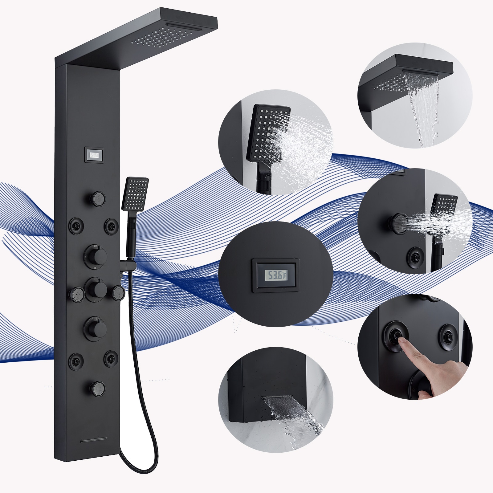 BYH SS-5001-MB Matte Black 20-in Waterfall Dual Head Shower Tower System ( Ceramic Disc Valve Included )