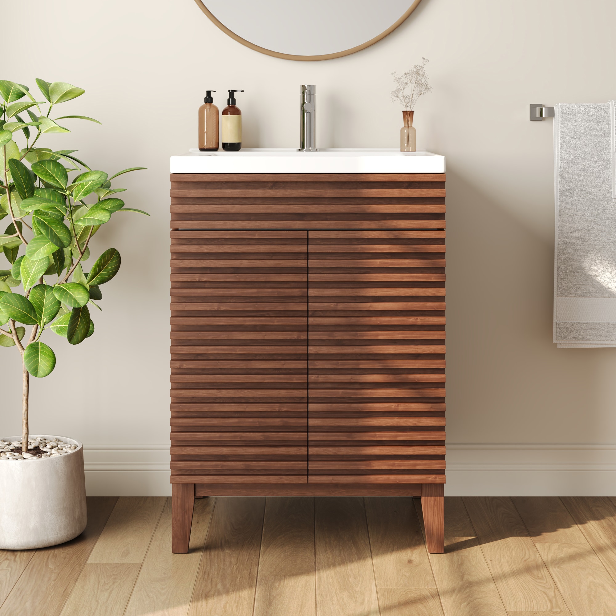 DeerValley - 24.02-in Natural Wood Single Sink Bathroom Vanity with White Engineered Stone Top (F...