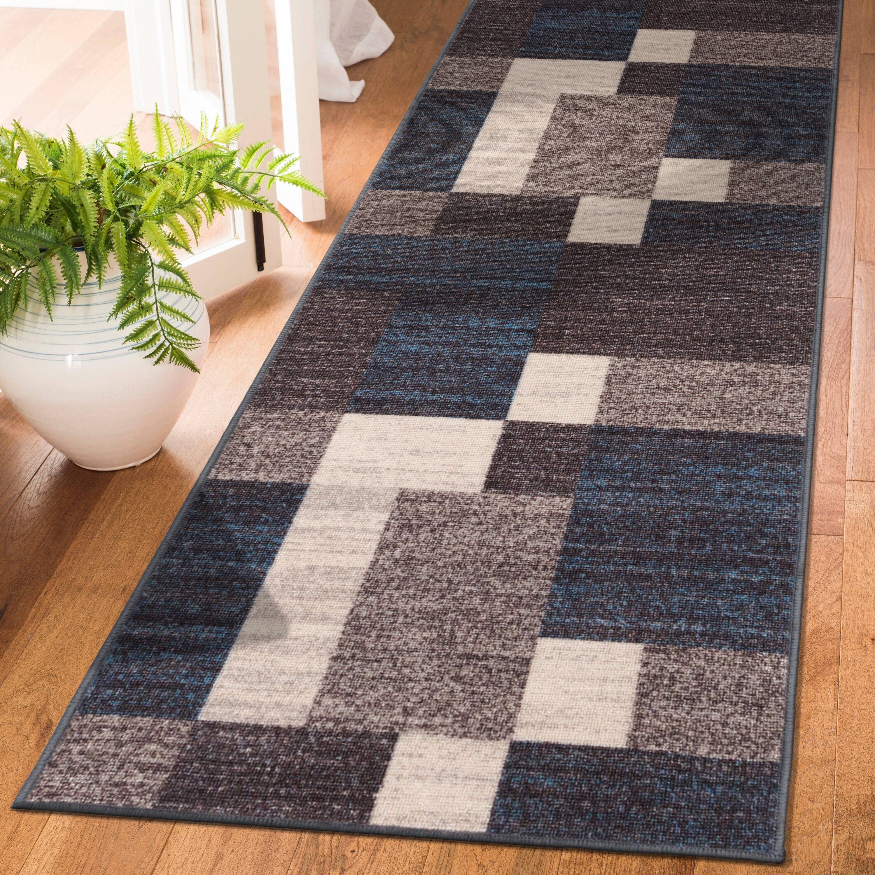 World Rug Gallery Geometric Boxes Design Non-Slip (Non-Skid) Blue 1 ft. 8 in. x 2 ft. 6 in. Indoor Area Rug