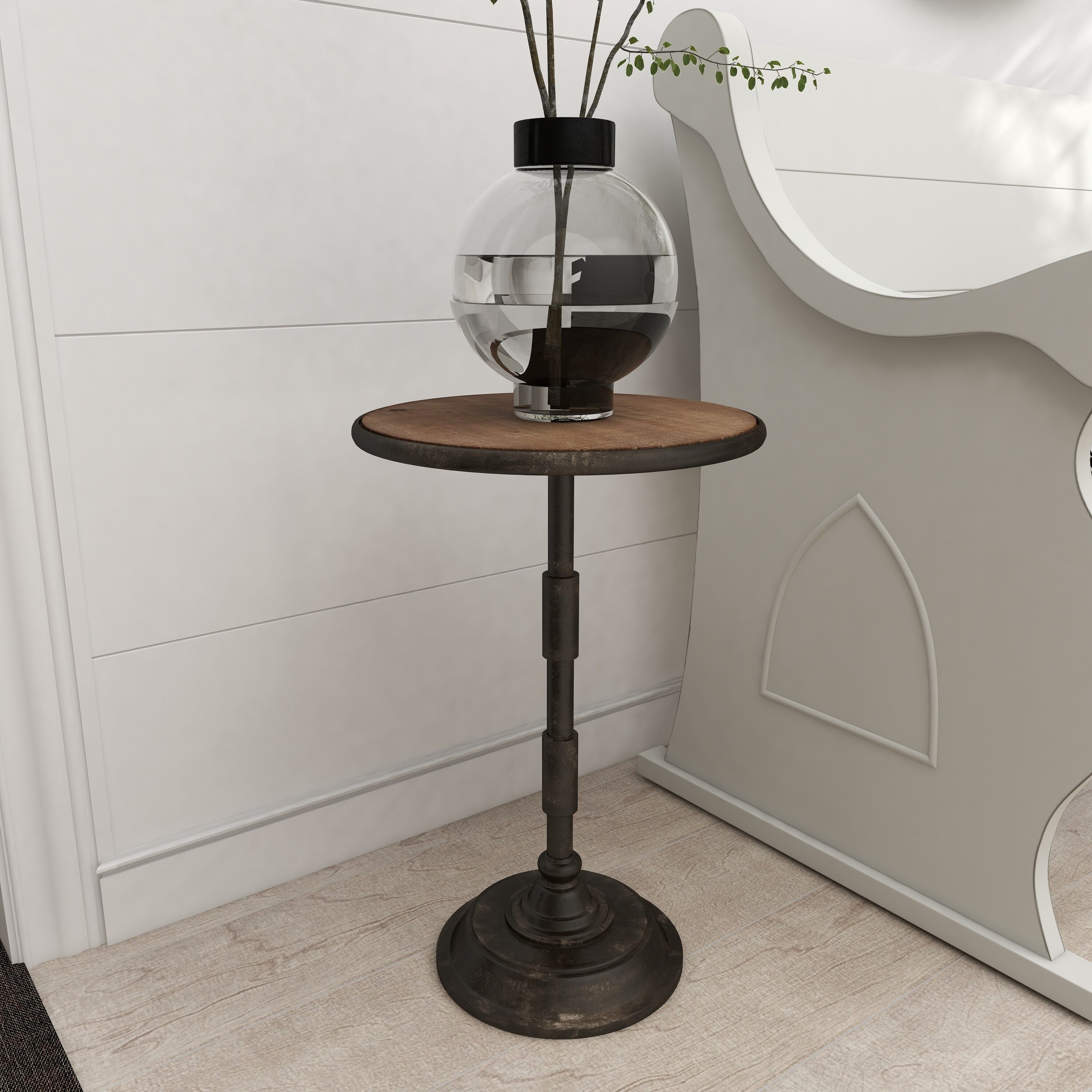 Industrial Black Metal and Brown Wood Round Accent Table