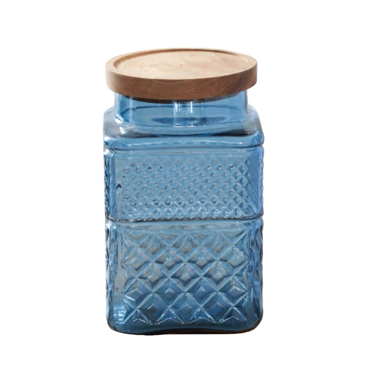 Etokfoks  Blue Square Glass Canister with Bamboo Lid and Airtight Seal 61 oz Decorative Jar