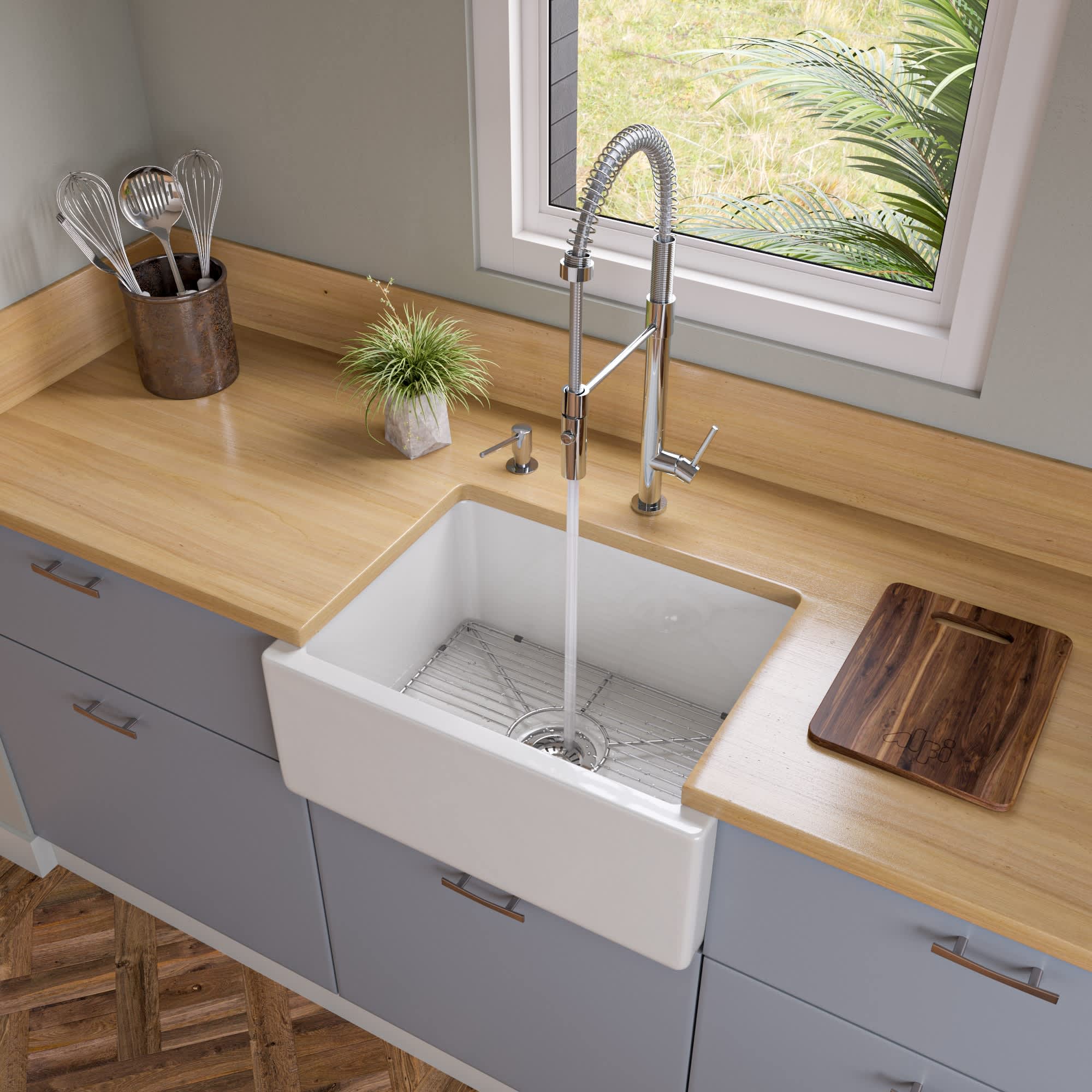 ALFI AB2418HS-W 24 inch White Reversible Smooth / Fluted Single Bowl Fireclay Farm Sink