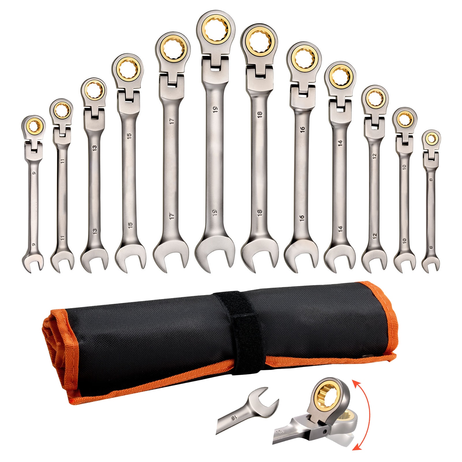 Mecale 12-Piece Flex-Head Ratcheting Wrench Set Metric 8 to 19mm 72-Tooth Cr-V with Roll-Up Pouch
