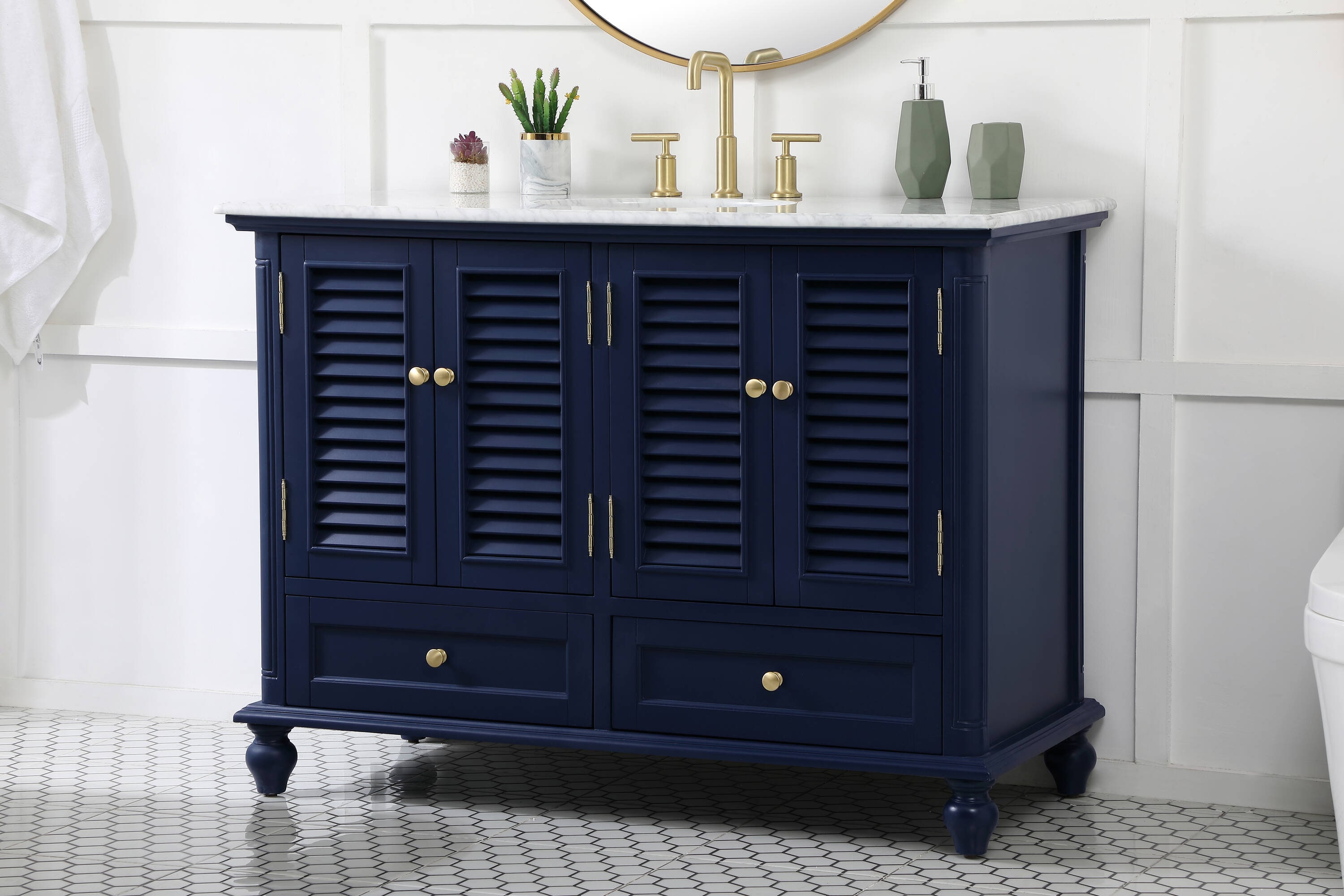 Rhodes 48" Blue Solid Wood Bathroom Vanity with Marble Top