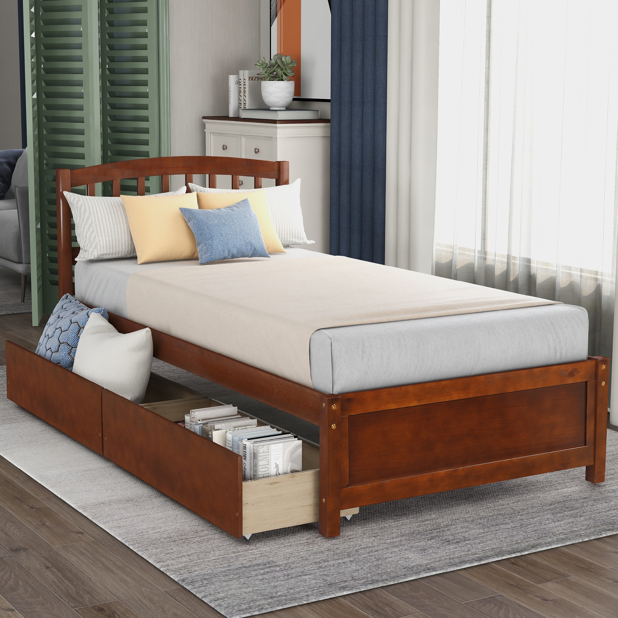 ModernLuxe WF194279AAD Twin Platform Storage Bed Wood Bed Frame with Two Drawers and Headboard WalnutPrevious