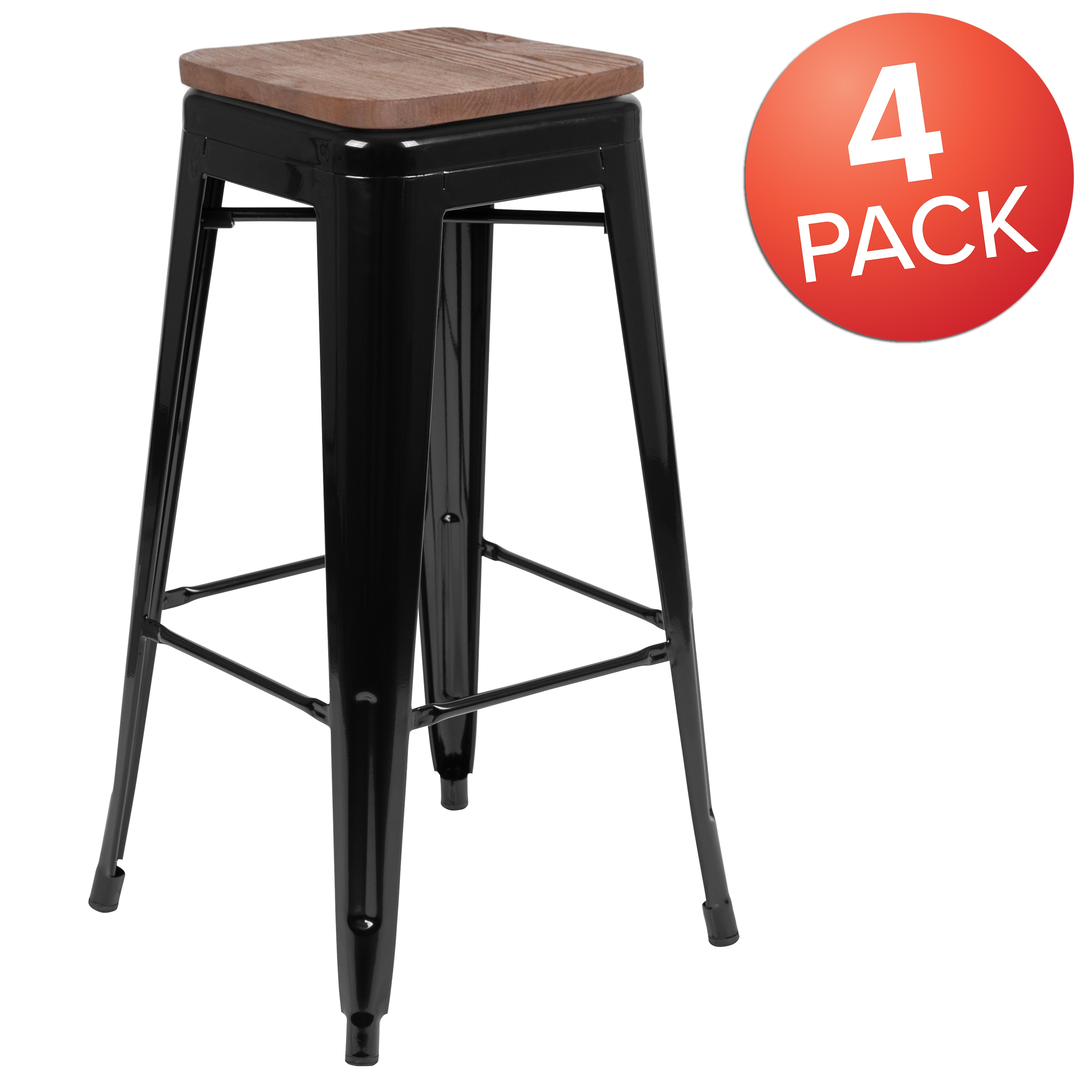 Industrial Chic 30" Stackable Black Metal and Wood Bar Stool, Set of 4
