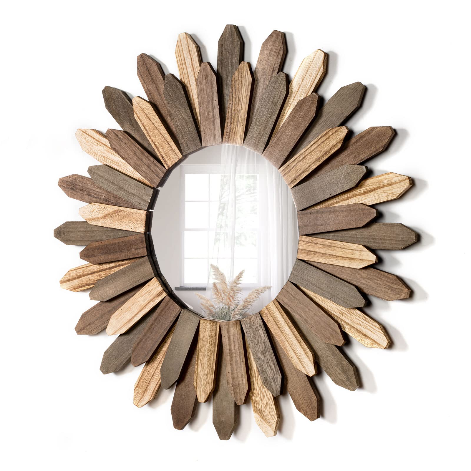PIGFDK Boho Wall Decor 21 Inch Mirror Rustic Wood Decorative For Room Home Farmhouse At Living Bedroom Bathroom Hallway Tricolor
