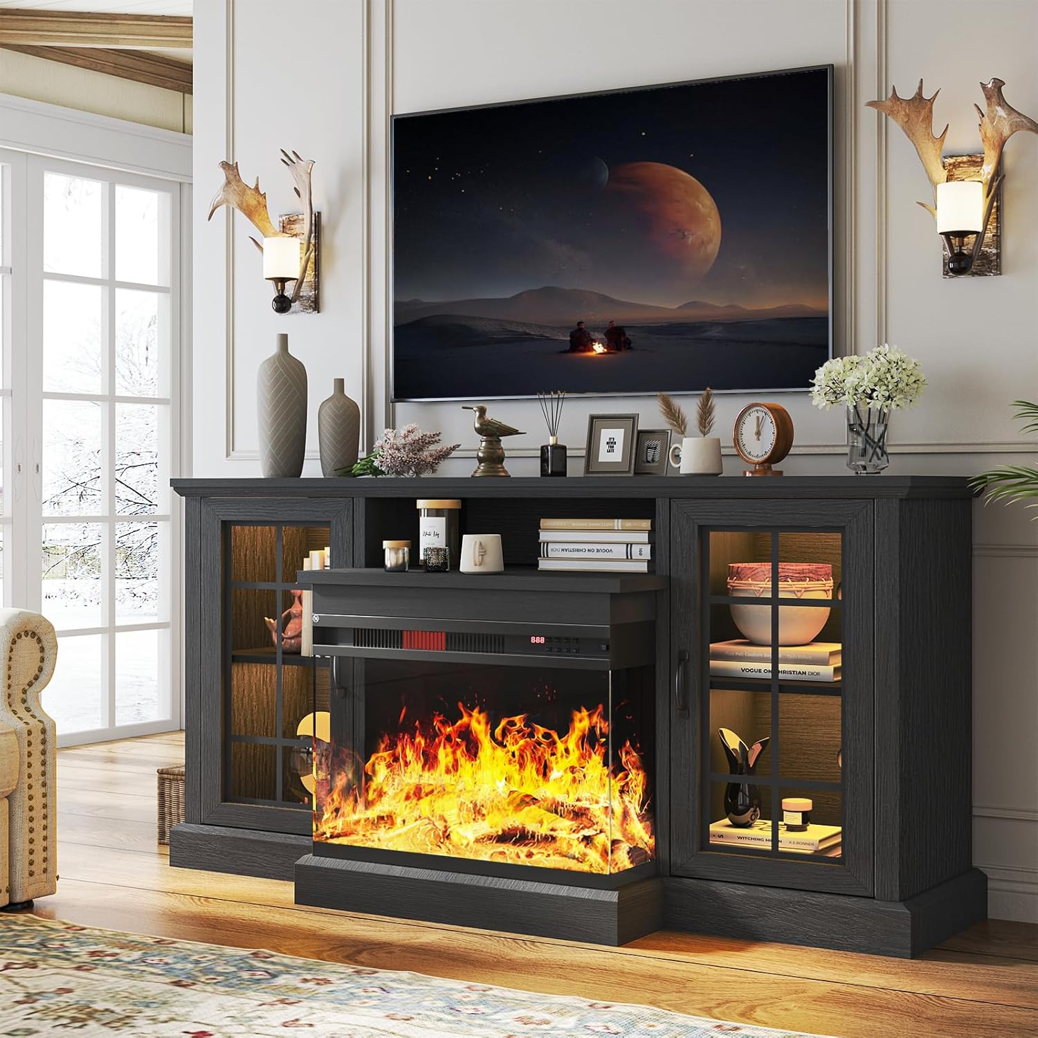 AOXUN 59-in W Black TV Stand with Infrared quartz Flat wall Electric Fireplace with Remote Control Included #AX-30970W