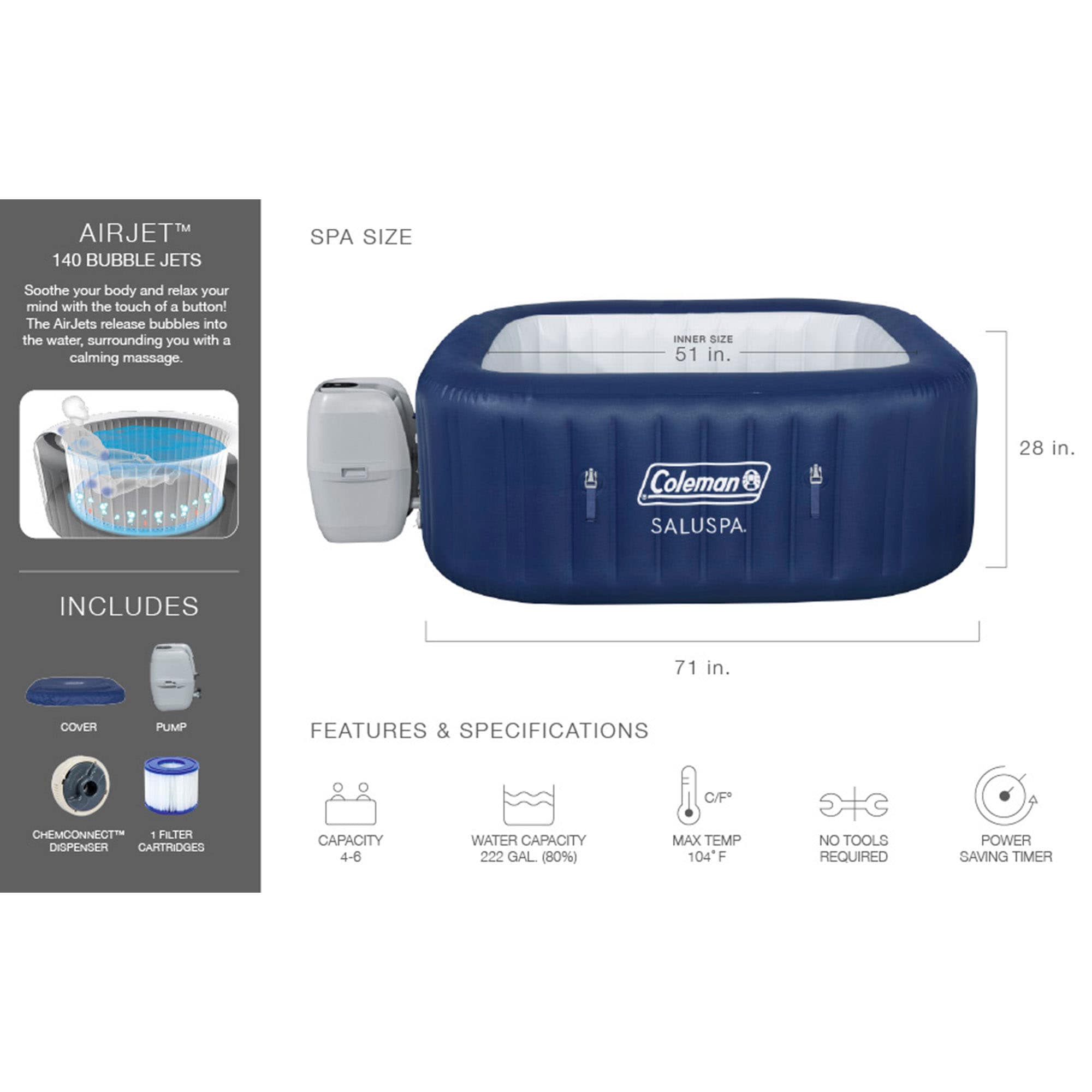 Coleman 29-in x 20-in 4-Person Inflatable Square Hot Tub in the Hot ...