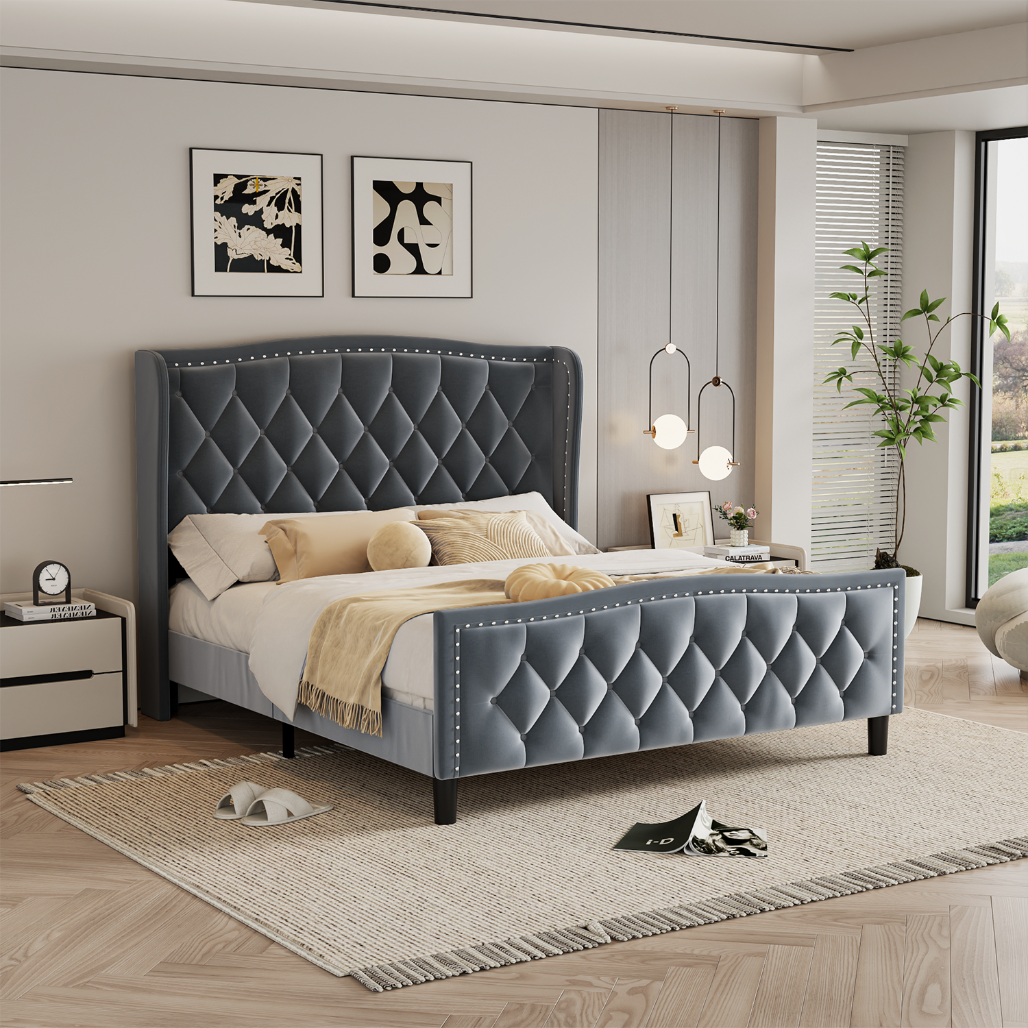GZMR GZ-LF0267B Full Size Modern Upholstered Platform Bed Gray Full Upholstered Bed frame Bed