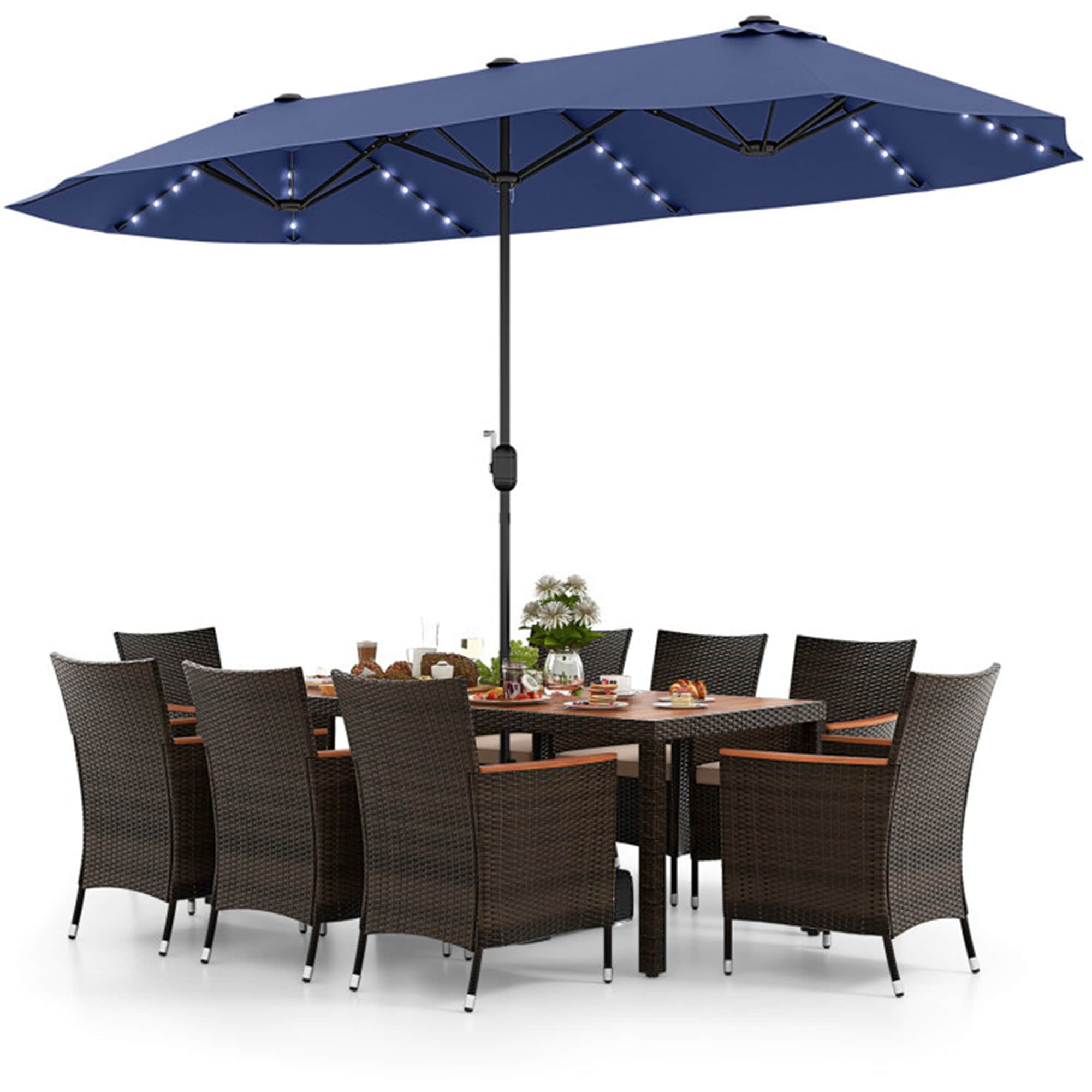 BABOOM BOM-7AAAORUST Outdoor Dining Set With Patio Umbrella 10 -Piece Black Rattan Patio Dining Set Wood Rectangle Table with 8 Off-white Cushions Stackable Stationary Chairs and Umbrella Included